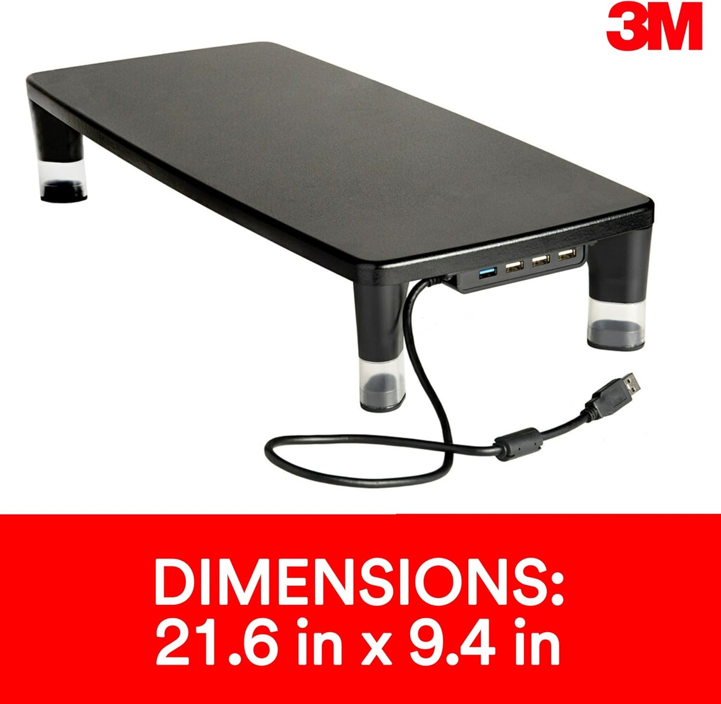 3M 4-Port Adjustable Monitor Stand with USB Hub, Black, Great for Computer Monitors, Laptops, TVs, Speakers, Printers