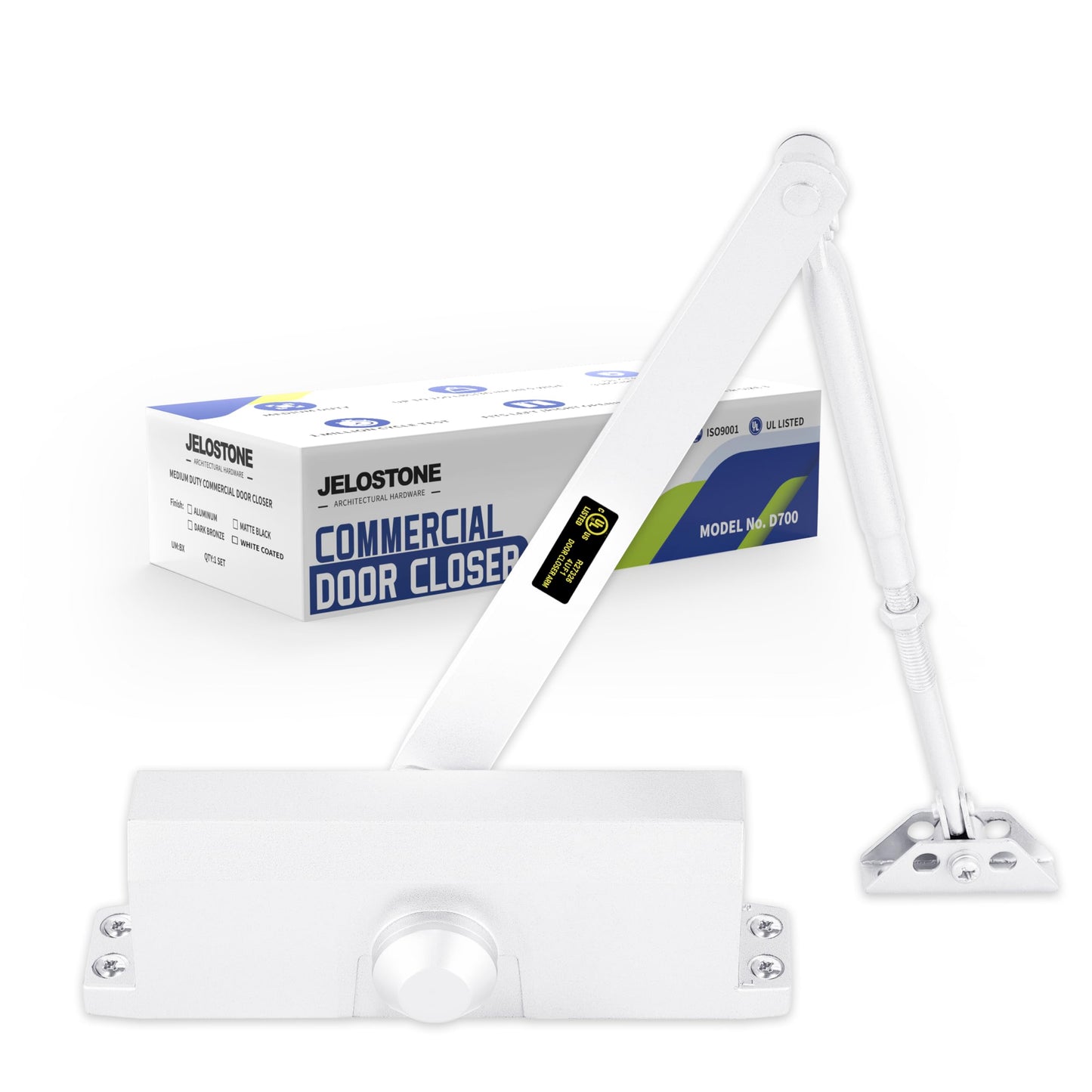 JELOSTONE Medium Duty Commercial Door Closer D700, UL 3 Hour Fire Rated, Fixed Size #3 Spring Power and 3 Valves Closing/Latching/Backcheck, Door (55-150LB/33-36 in), Indoor/Outdoor (White Coated)