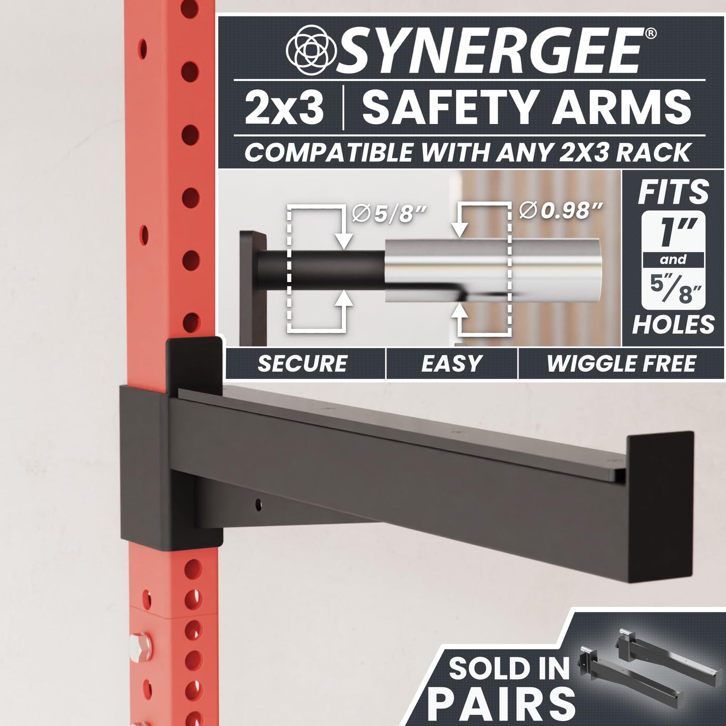 Synergee Safety Arms for 2x3 Power and Squat Racks, Fits Racks with 1" and 5/8" Holes. Rack-Mounted Safety Arm Attachment for Spotting, Bench Press, and Squats.