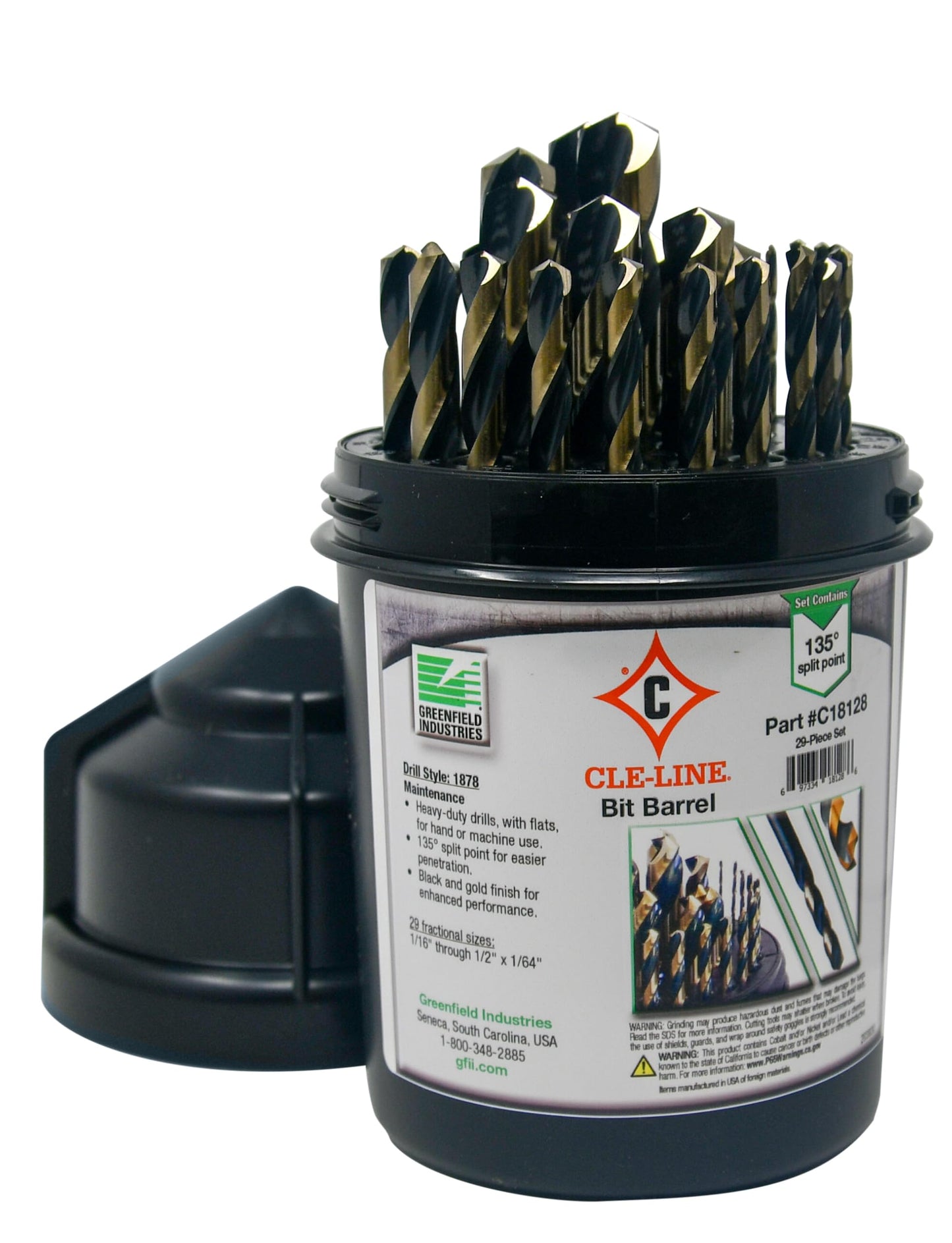 CLE-LINE® 1878 Bit Barrel™ Jobber Length Drill Bit Set 1/16-1/2X64th Black & Gold, 29 Piece (C18128)