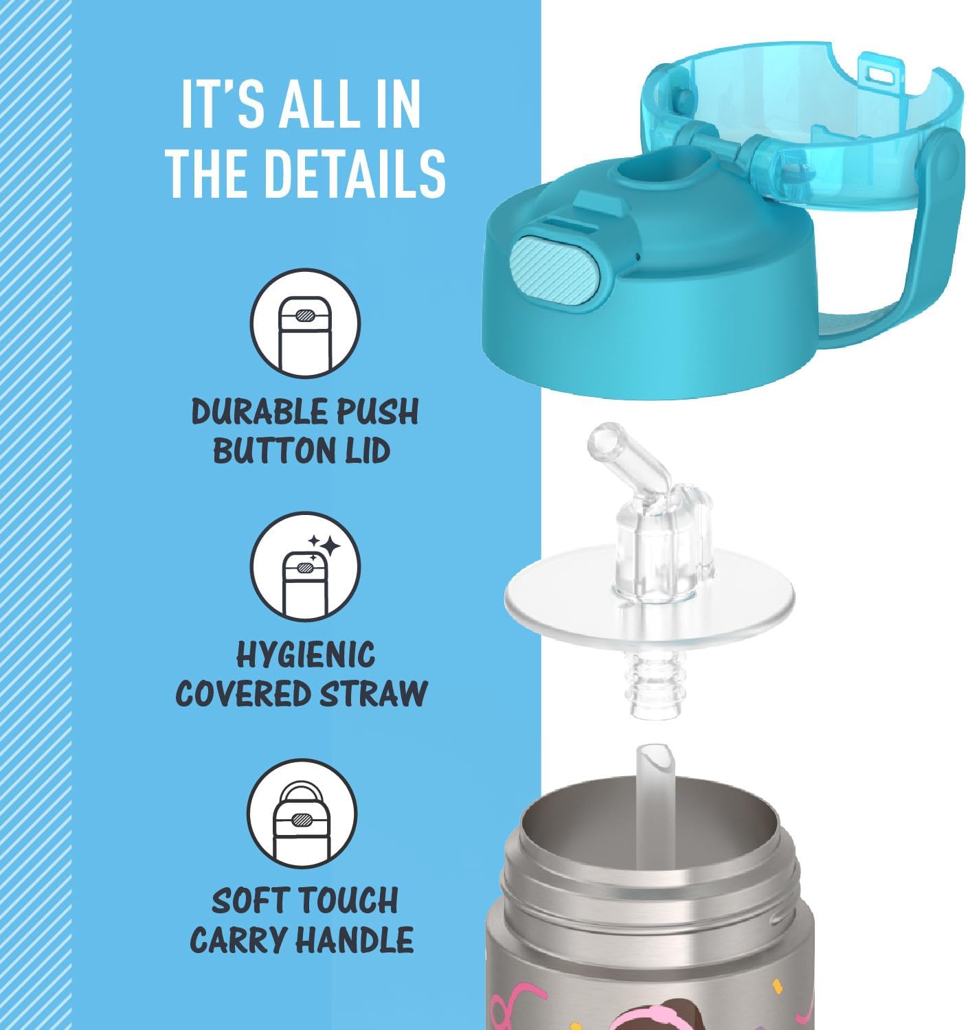THERMOS FUNTAINER Water Bottle - 12 Ounce Kids Stainless Steel Vacuum Insulated with Straw | Ms. Rachel Design