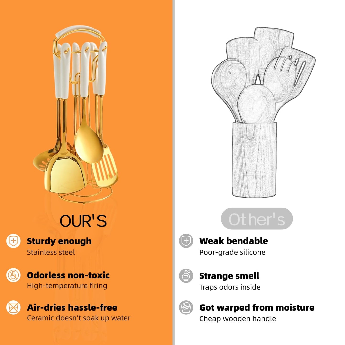 Stainless Steel Gold Kitchen Utensils Set with Holder & Spoon Rest, Durable Kitchen Accessories Includes 6 Cooking Utensils, 1 Hanging Rack,1 Ladle Holder, Easy to Clean, Modern Countertop Décor