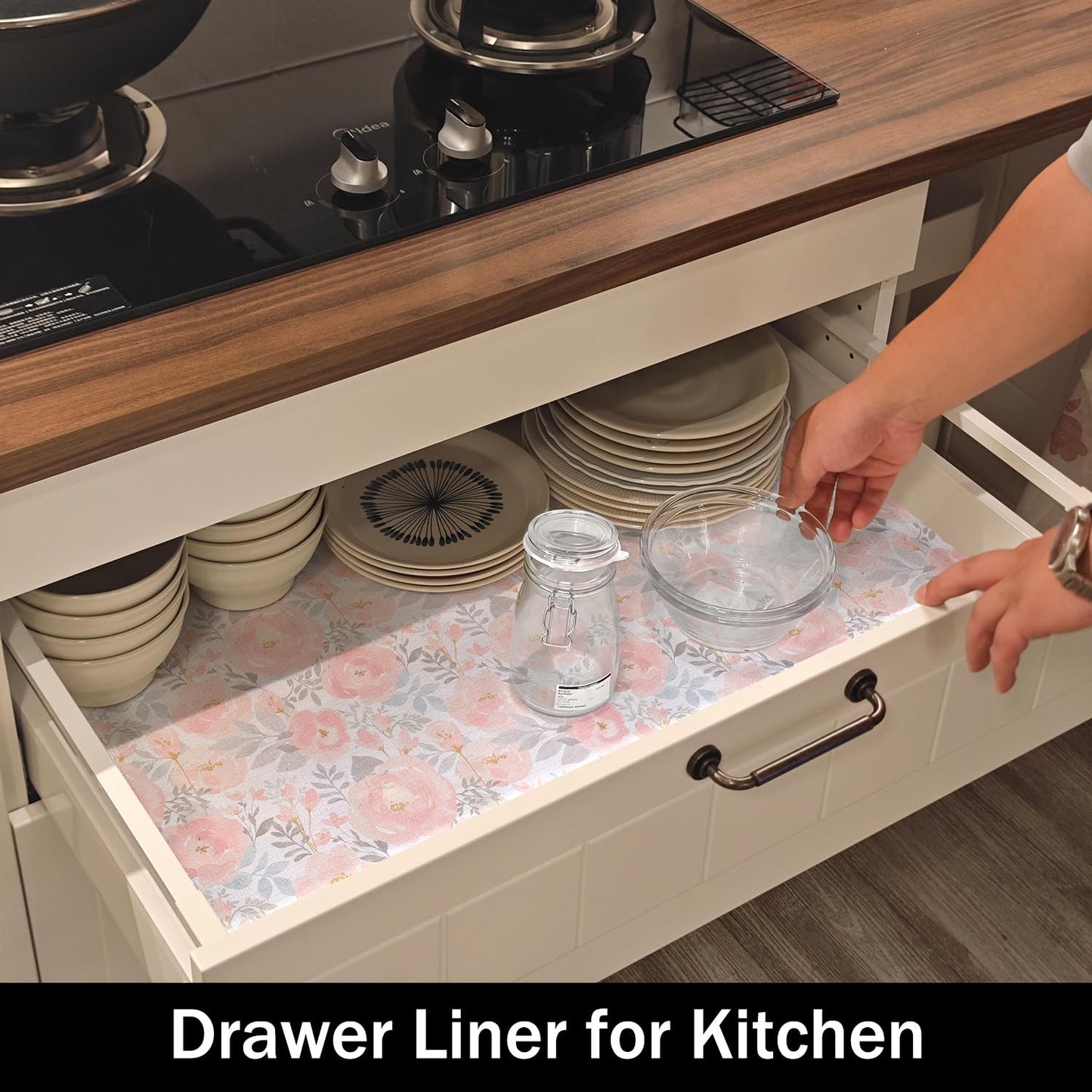 Amiitay Peony Shelf and Drawer Liner for Kitchen,Non-Adhesive and Strong Non-Slip Floral Valentine's Day Cabinet Drawer Liners for Kitchen Shelf, Waterproof Cupboard Liners,Easy to Clean,12IN x 10FT