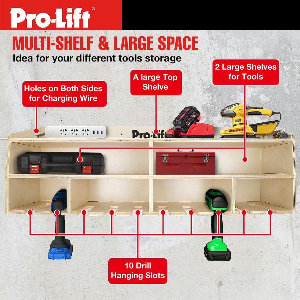 Pro Lift Cordless Drill Organizer – wall mount power tool storage rack, 10 hanging slots, wooden M-005W