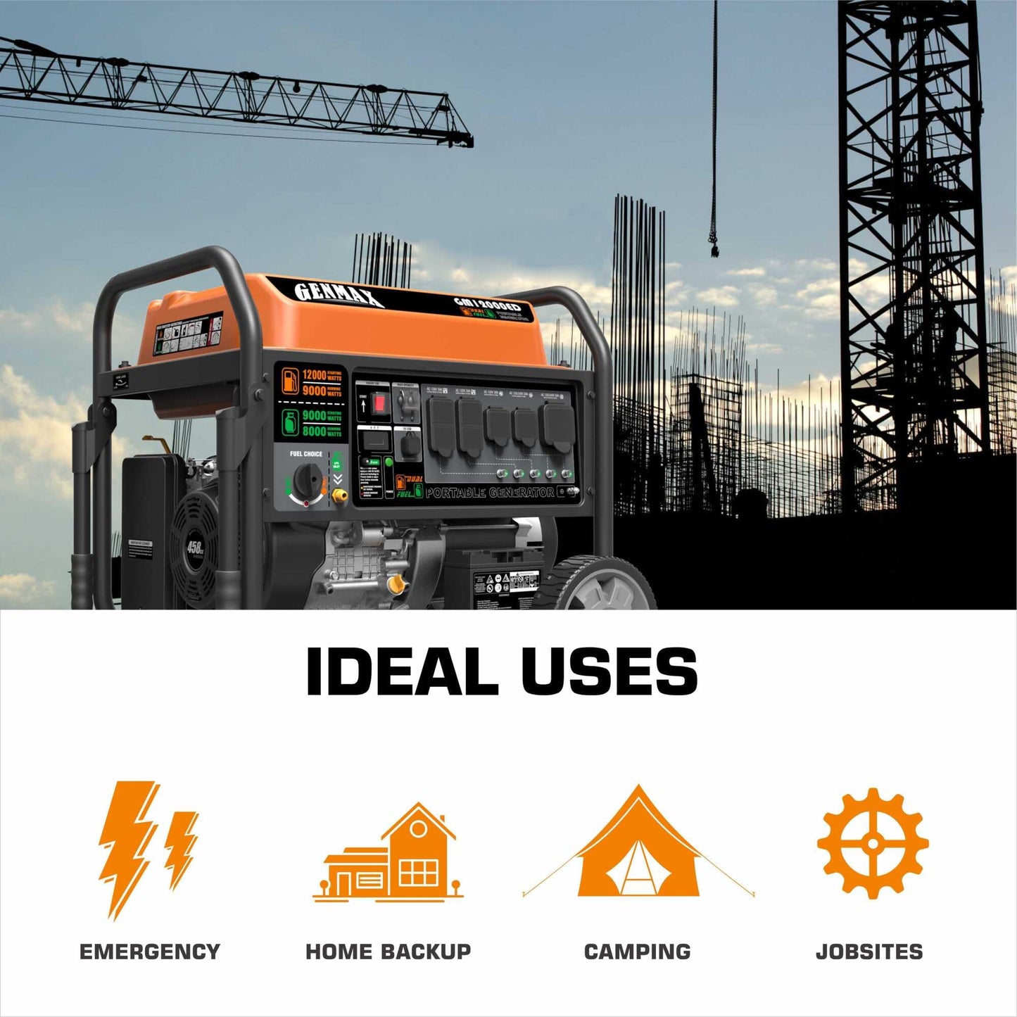 GENMAX Dual Fuel Portable Generator，GM12000ED Gas or Propane Powered Electric Start-Home Back Up, EPA Compliant
