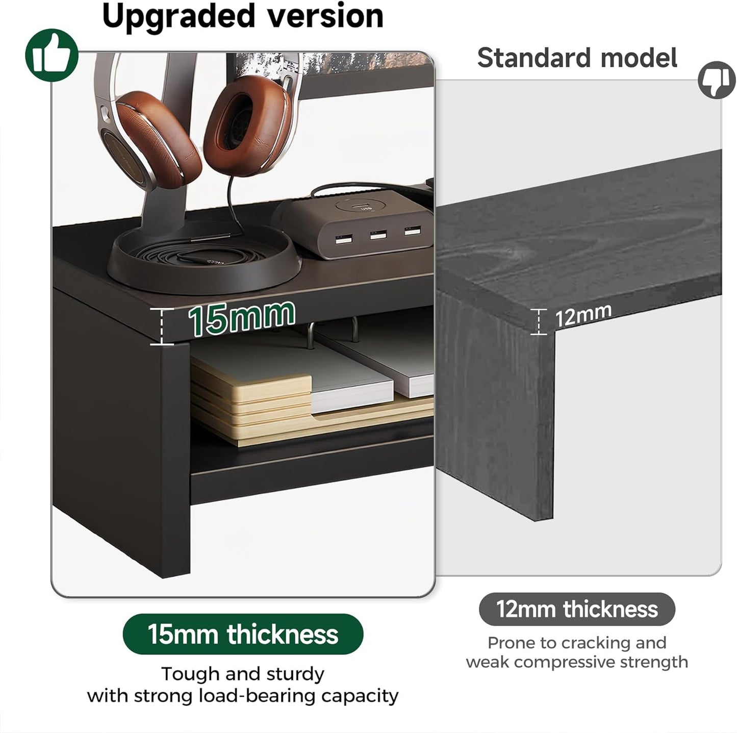 2-Tier 15.7 Inch Wooden Monitor Stand Riser, Desk Shelf with Storage Organizer, Ergonomic Computer Stand, Storage