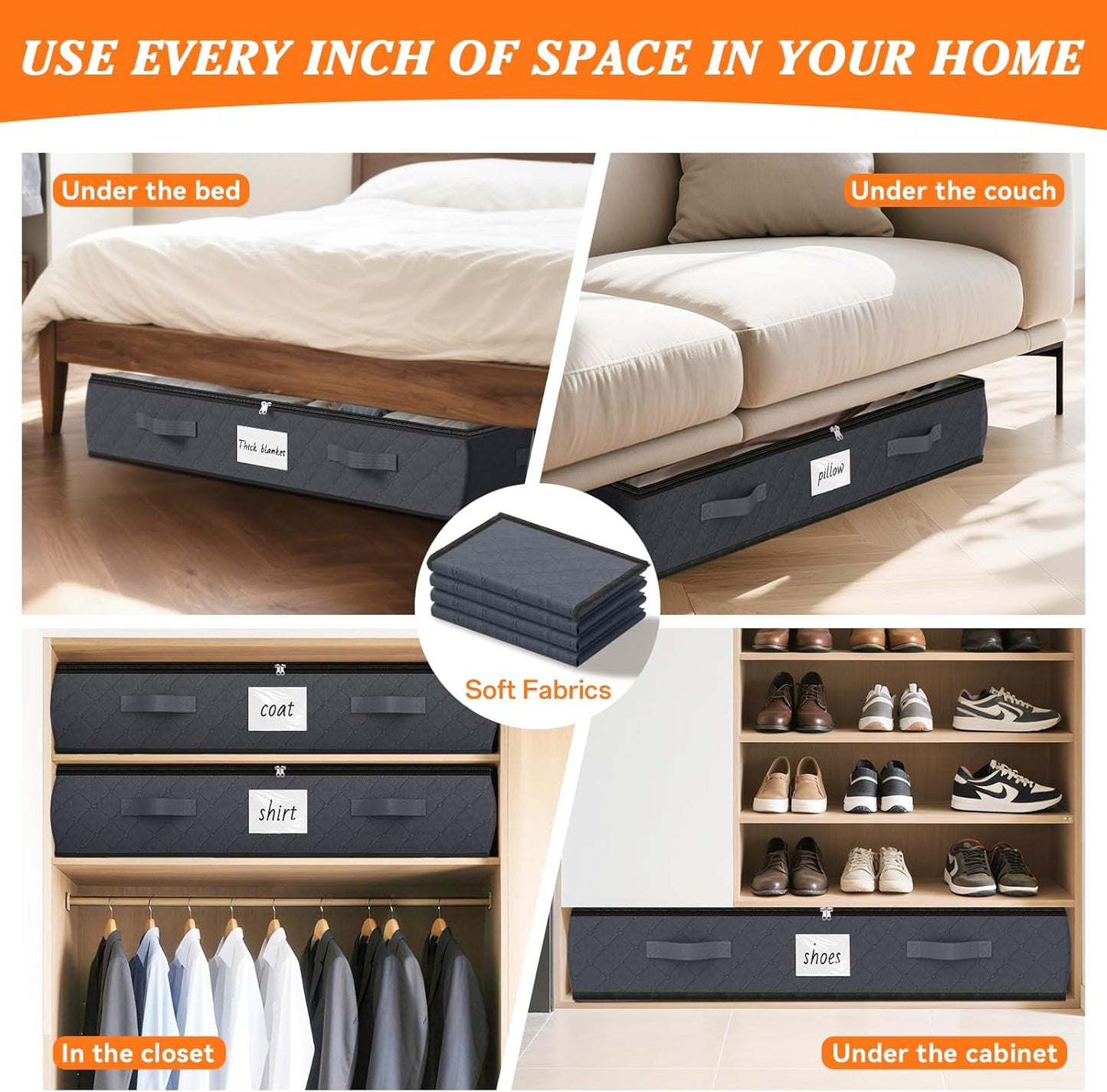 SpaceWhisper 90L Under Bed Storage Containers - 4-Pack Foldable Bins with Clear Tops for Clothing & Blankets | Grey