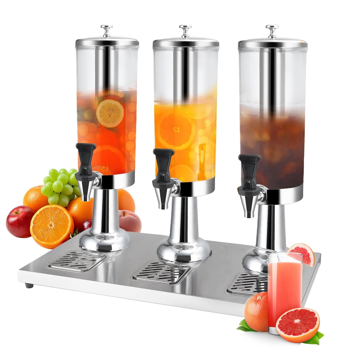 1 Gallon Commercial Beverage Dispenser with Centre Ice Core and Stand Drip Trays Stainless Steel Cold Drink Dispenser for Parties Pub Cafeteria Restaurant Home Hotel (silver, three head)
