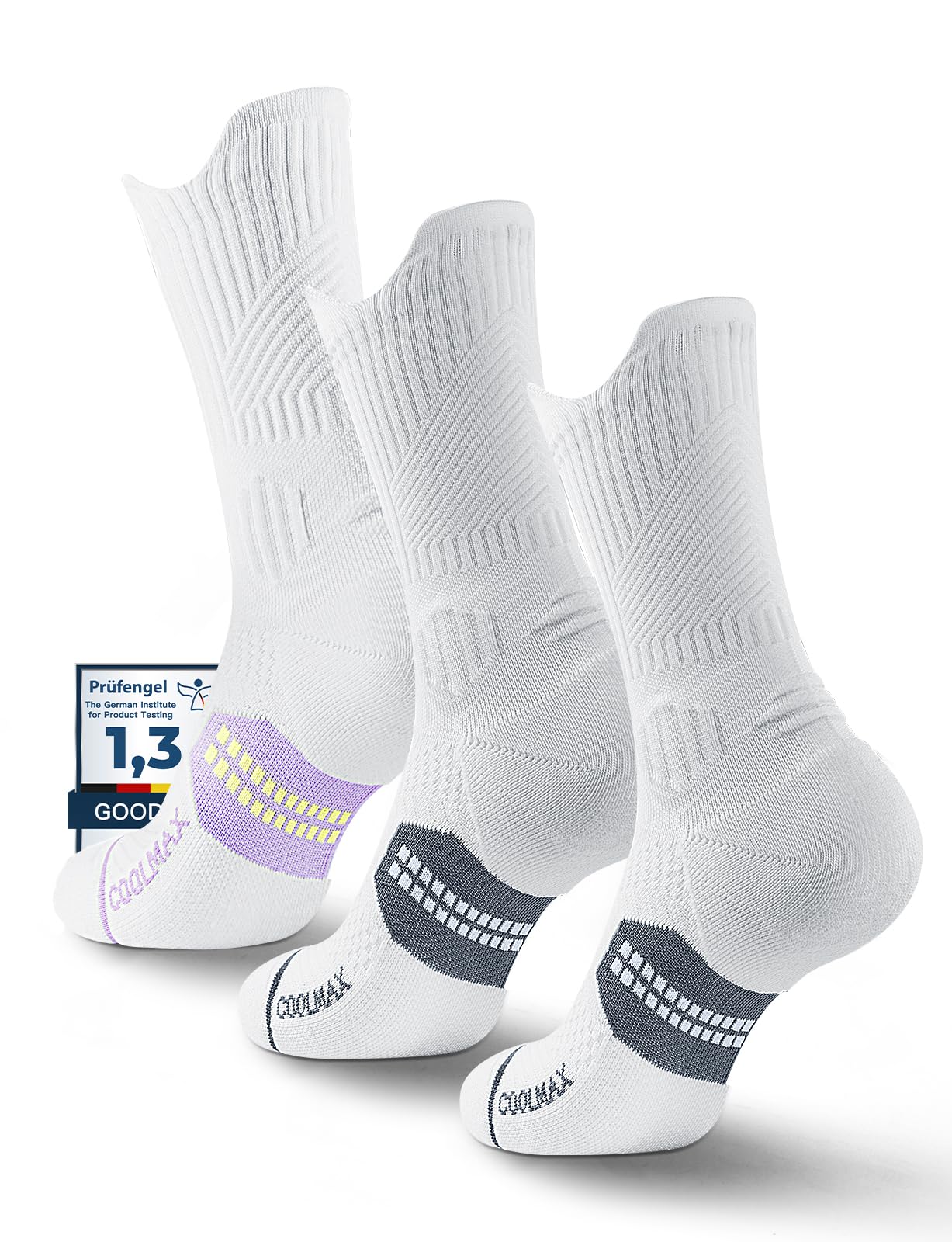Juclise Bamboo Viscose Compression Running Crew Socks, Coolmax Moisture-Wicking Anti-Blister Hiking&Gym Athletic Socks (US, Alpha, Large, Regular, Regular, Glacier White*2+Bright Lilac*1)