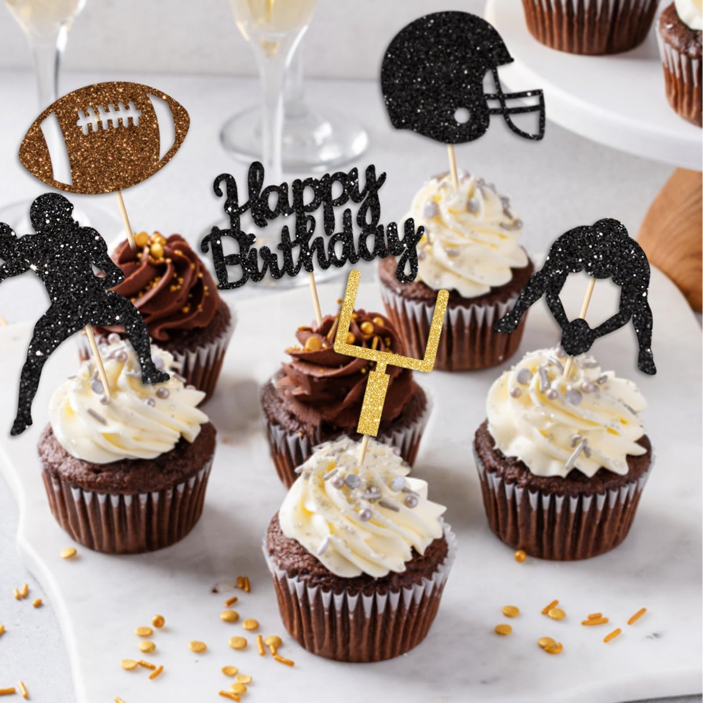 Vofrise 36PC Football Cupcake Toppers for Birthday,Glitter Football Cake Toppers for Boys Birthday Party Decorations Supplies