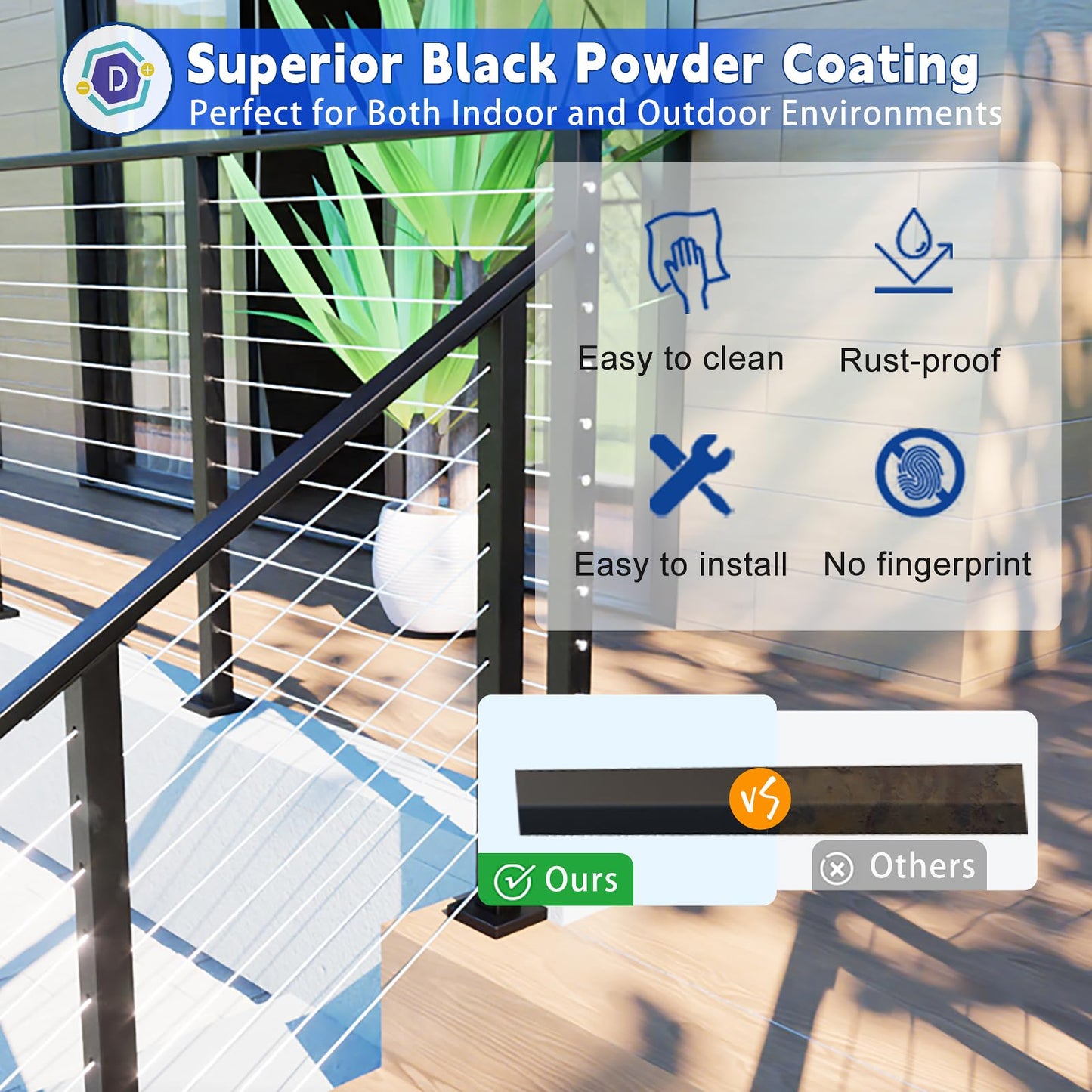 Dawn Railing 2 Pack 6'6" Black Rectangle Cable Railing Handrail 1"x2" Stainless Steel Handrail, Modern & Durable Flat Top Rail Black Powder Finishing Surface for Cable Railing System Kit Deck Stair