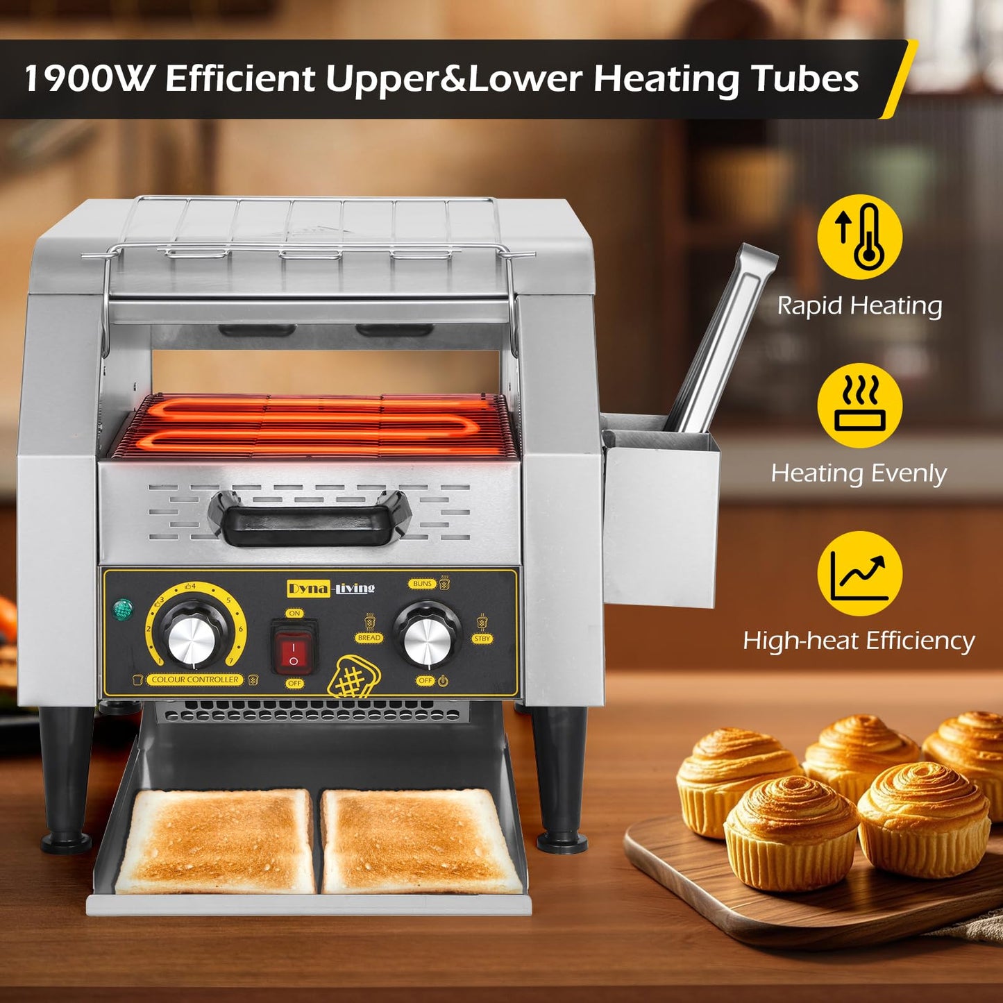 Dyna-Living Commercial Conveyor Toaster 300 Slices/Hour, Electric Conveyor Belt Toaster for Restaurant, 1900W Heavy Duty Stainless Steel Conveyor Toasters for Bun Bagel Bread