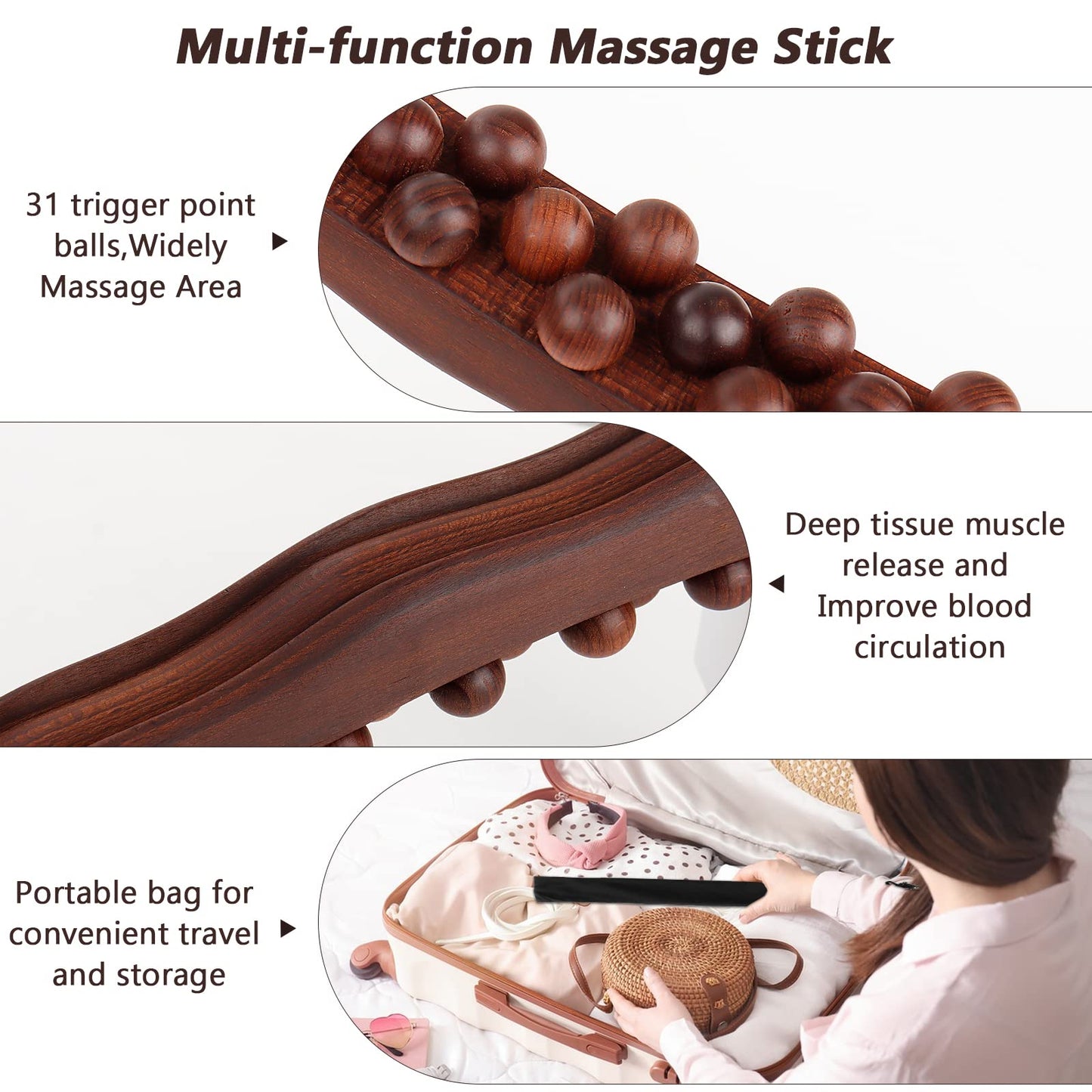 Guasha Wood Massage Stick Tools,31 Beads Back Massage Roller Stick,Lymphatic Drainage Massager for Body Shaping (31beads)