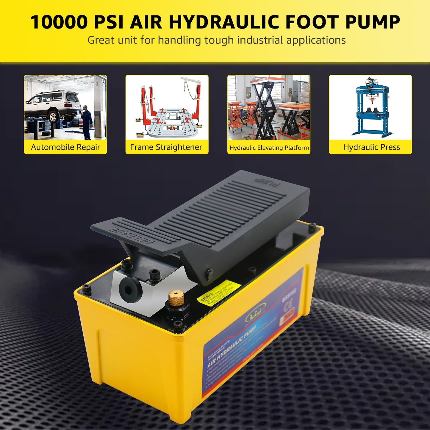 BESTOOL Air Hydraulic Pump, 10,000 PSI 1/2 Gal Reservoir, NPT 3/8" Oil Outlet, 2PCS Quick Connector, Foot Actuated Hydraulic Pump Air Treadle for Auto Body Frame Machines and Pulling Post, Yellow