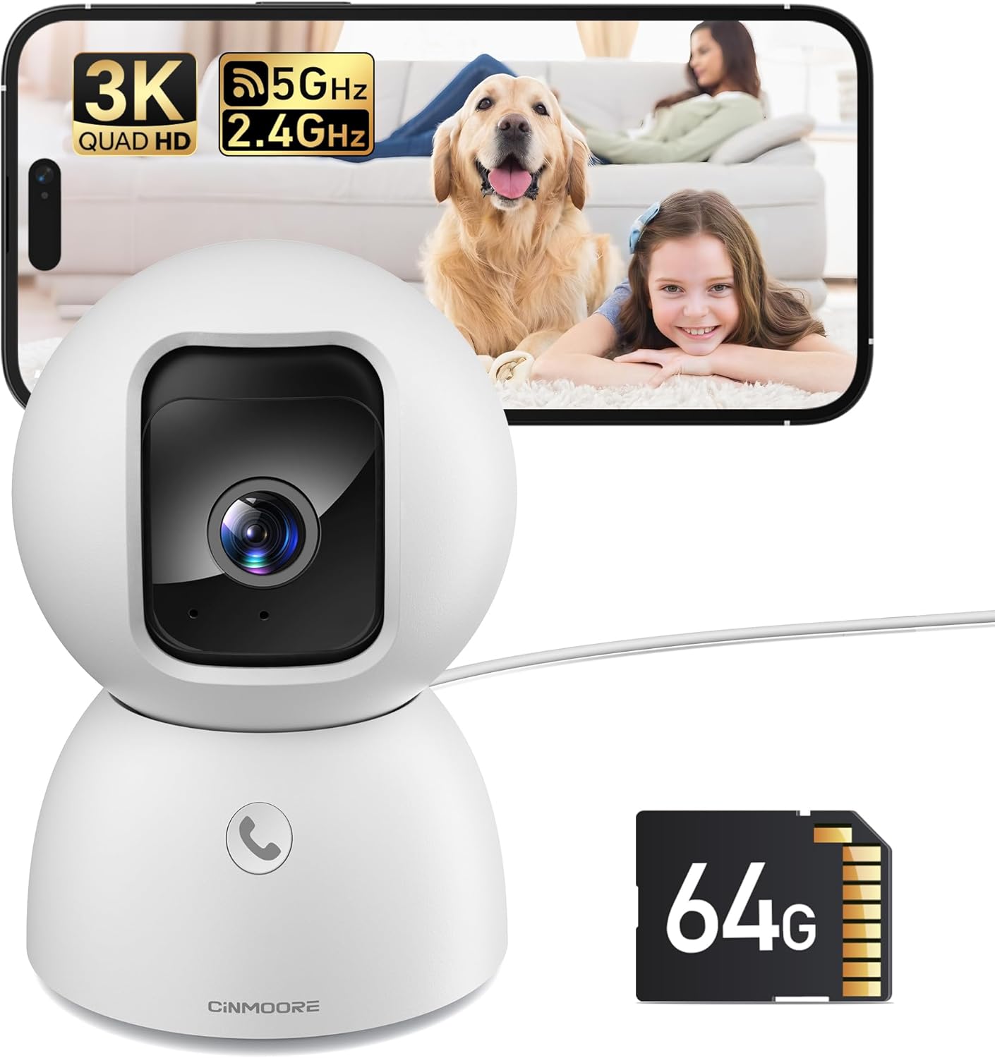 CINMOORE 5MP 64GB 3K 360 2-Way 2.4G 5G Camera for Home Security, Free SD Card, Non-Subscription AI Human/Pet/Facial