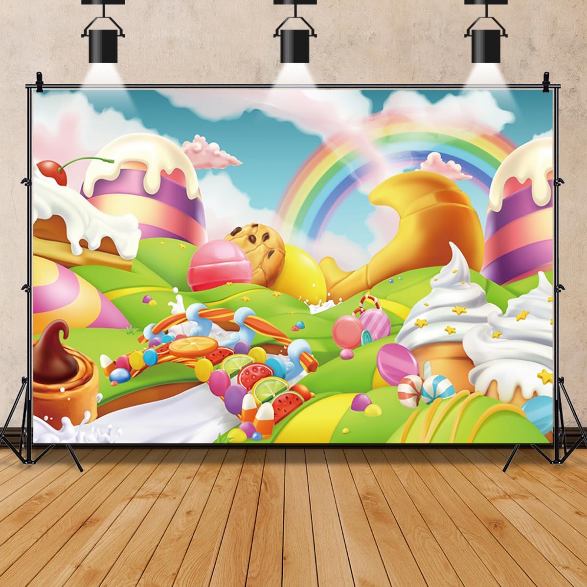 AOFOTO 5x3ft Candyland Backdrop Fantasy Giant Lollipop Candy Land Candy Themed Party Decorations Banner Cartoon Rainbow
