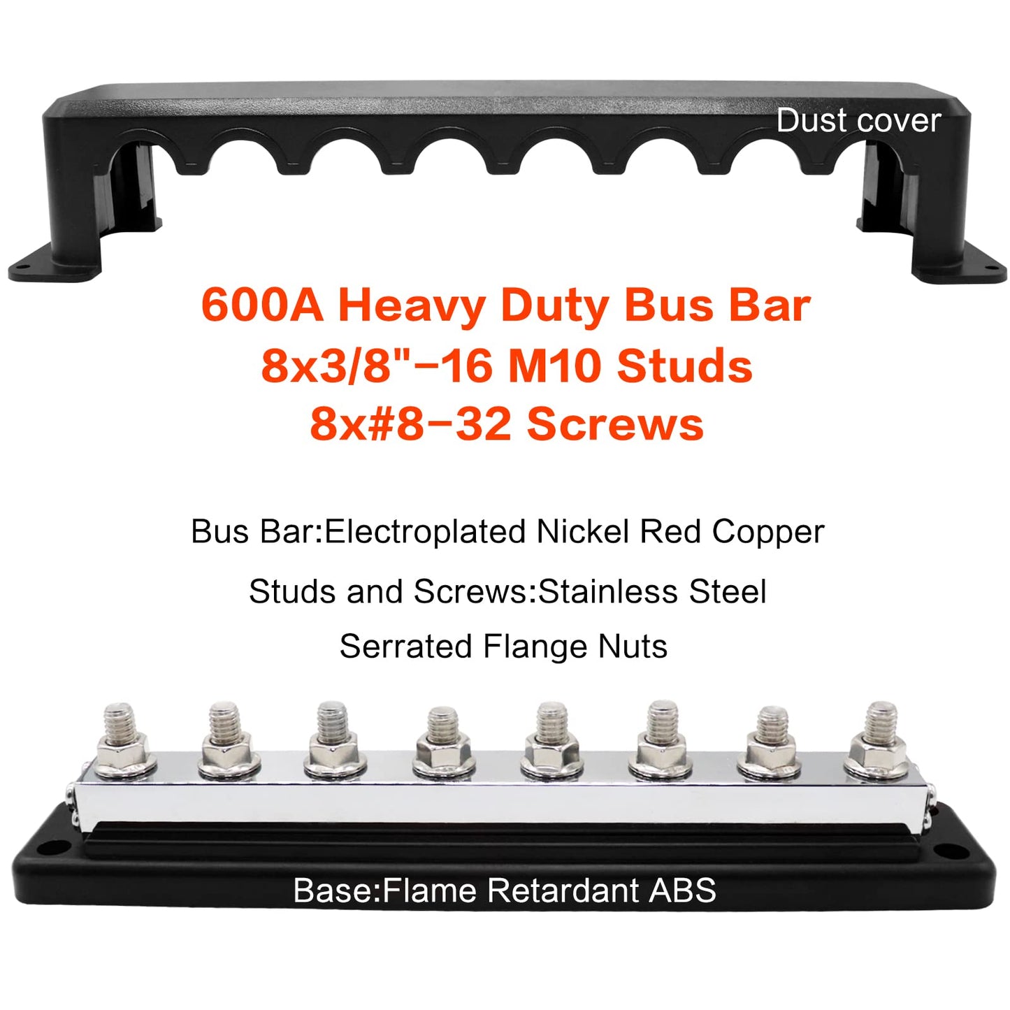 AMOMD 2 Pcs 600 A High Current Copper Bus Bar 300V AC / 48V DC 8 Way 3/8 inch (M10) Studs 8#8-32 Screws Electrical Terminal Ground Distribution Block Battery Buss Bars with Cover (Red & Black)
