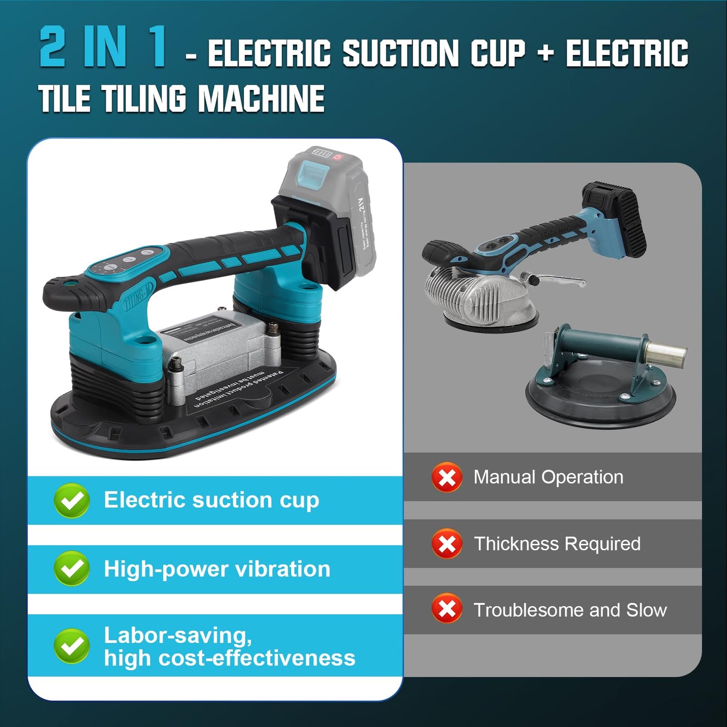 Tile Vibration Machine Installation Tool for Makita 18V Battery, Handheld Automatic Tiling Vibrator with Enlarged Suction Cup for Tiling Leveling Laying 24000r/min 6 Speeds Adjustable