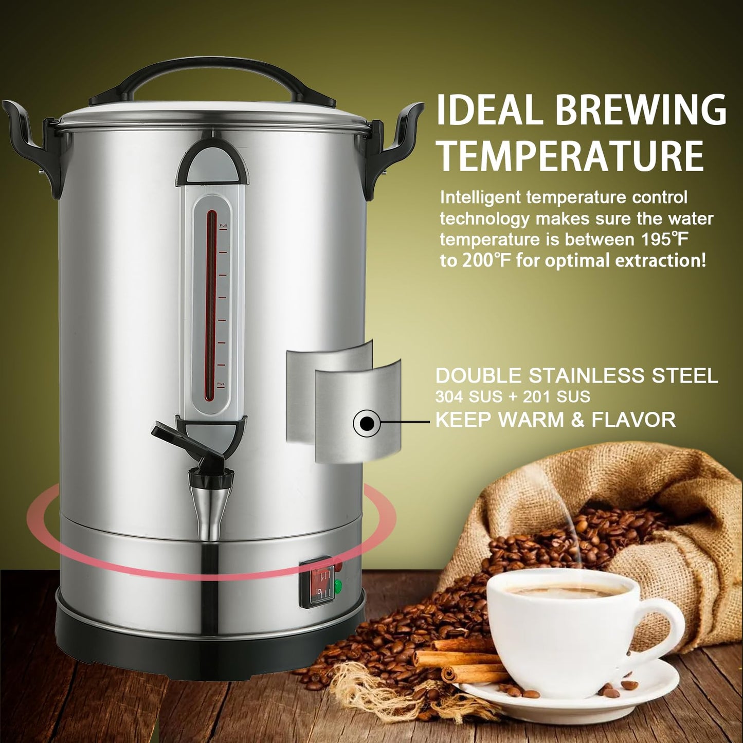 Commercial Coffee Maker 100 Cup Large Coffee Urn 4 Gallon 16L Industrial Coffee Dispenser 1300W Quick Brew Dual Wall Stainless Steel Hot Water Urn & Tea Maker for Catering, Wedding, Church & Events