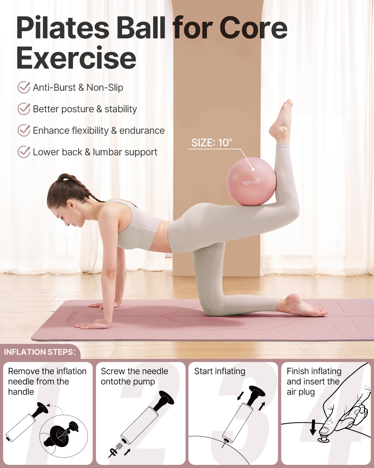YOTTOY 13.5 Inch Pilates Ring and Ball Set, Figure 8 Resistance Bands, Stretch Bands&Guide,Pilates Equipment Set for Beginners for Home Workouts Core Strength, Yoga, Physical Therapy & Rehab, Pink