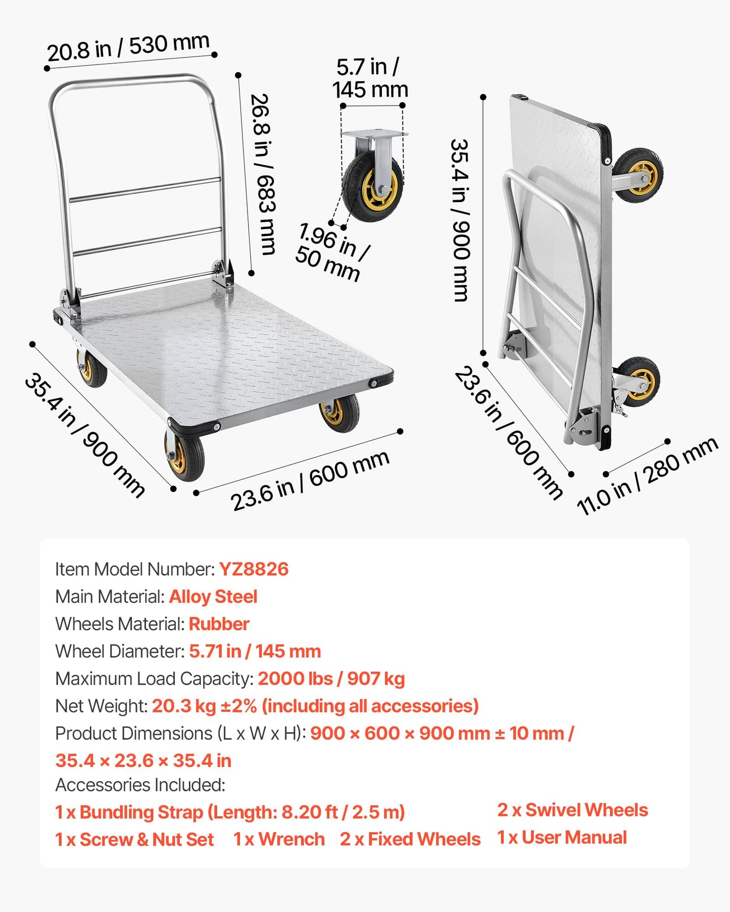 VEVOR Heavy Duty Platform Truck, 2000 LBS Steel Large Flatbed Cart with 360° Swivel Wheels & Brakes, Foldable Platform Hand Push Truck Dolly for Easy Storag/Groceries/Garage/Warehouse (36" X 24")