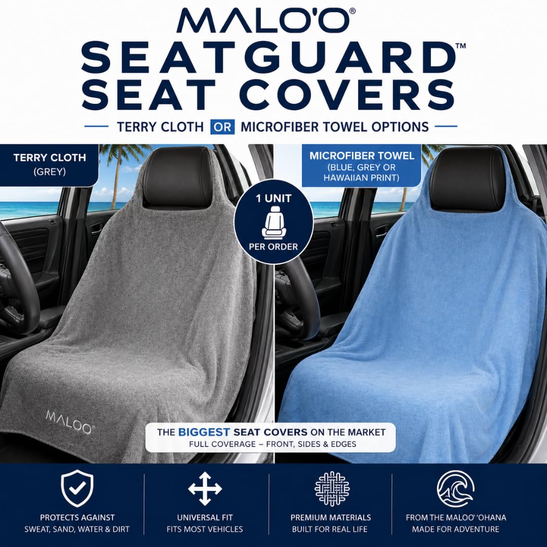 Malo’o SeatGuard Seat Cover – Microfiber Towel or Premium Terry Cloth w/Nylon Backing – Universal Car Seat Protector for Beach, Gym, Surf, Pets & Travel – Quick Dry, Machine Washable