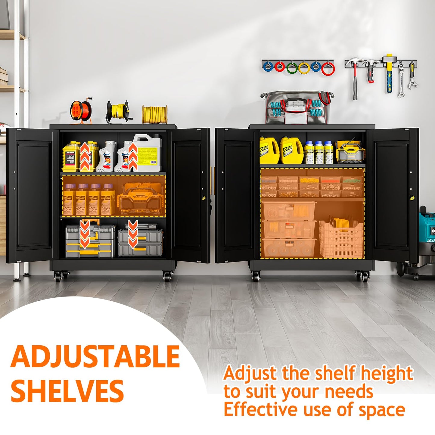 RISTERN Metal Storage Cabinet with Wheels, 36" Tall Locking Storage Cabinet with 2 Adjustable Shelves, Locking Garage Cabinet, Steel Locker Organizer, for Office, Home, School, Black
