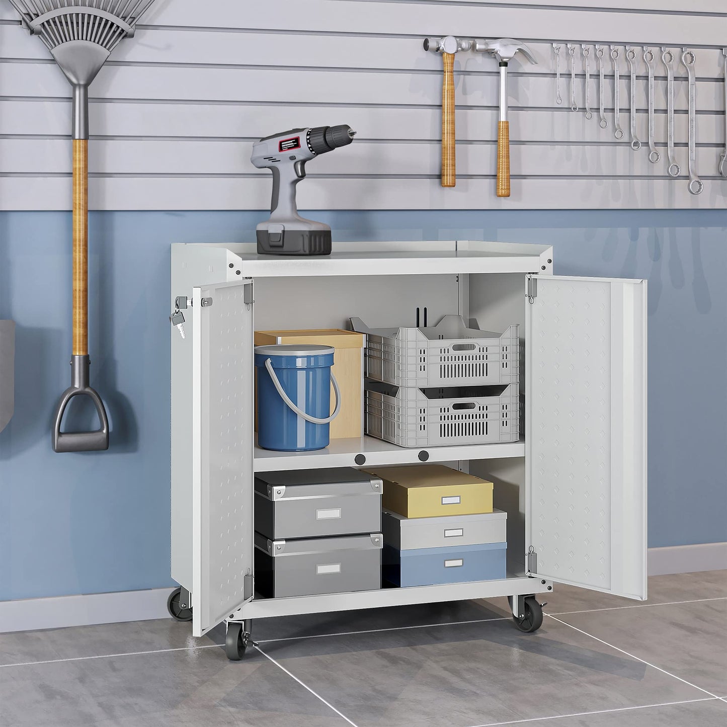 Manhattan Comfort Fortress Rolling Garage Storage Cabinet with 2 Adjustable Shelves, Lockable Metal Tool Compartment, Heavy-Duty Mobile Utility Organizer with Wheels, White