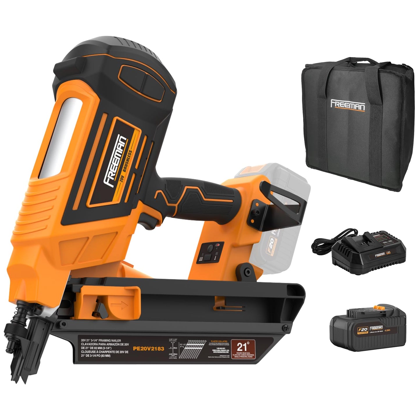 Freeman F20 20V Cordless 21 Degree 3-1/4" Framing Nailer - Brushless Motor, Dual Firing Mode, Tool-free Depth Adjust - Includes 4.0Ah Lithium Ion Battery, Charger & Bag - PE20V2183