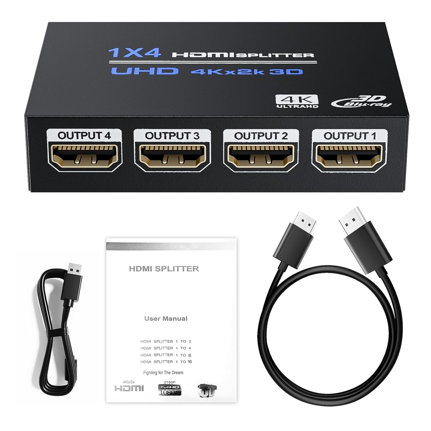 BolAAzuL 4K 1X4 1 4 2ft 3D 1080P 1 4 HDMI Splitter in Out with HDMI Cable Mirror/Duplicate Only, Powered, for Copy