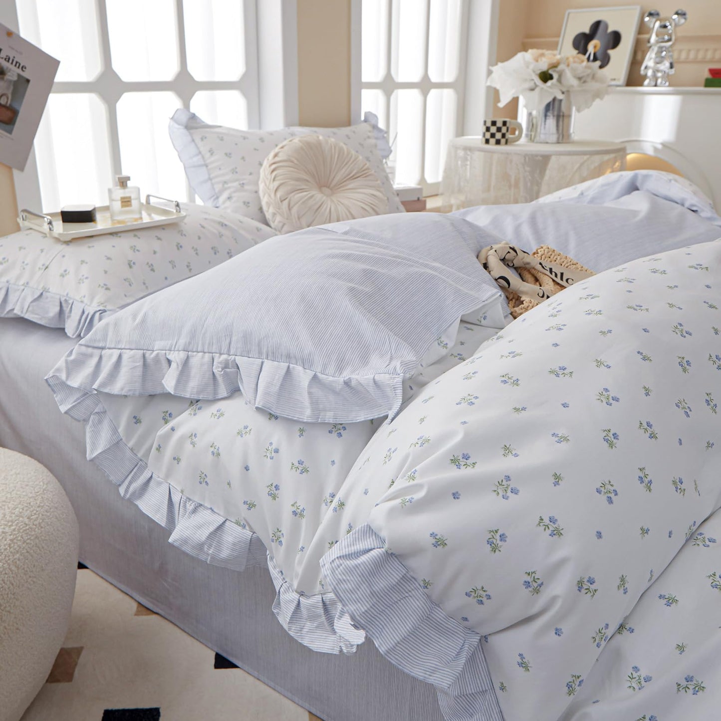 AMZTOP Duvet Cover Queen Size Chic Blue Ruffle Floral 100% Cotton Set, 3Pcs Teen Girls Flower Comforter Cover with Zipper Closure, Princess Queen Bedding Sets 90"x90"