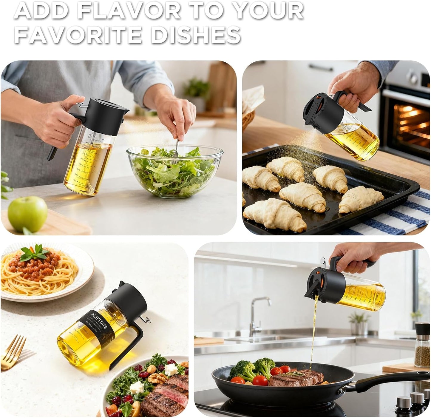 PLAPITATE Premium Olive Oil Sprayer - 17oz Glass Dispenser with Portion Control for Cooking | Black