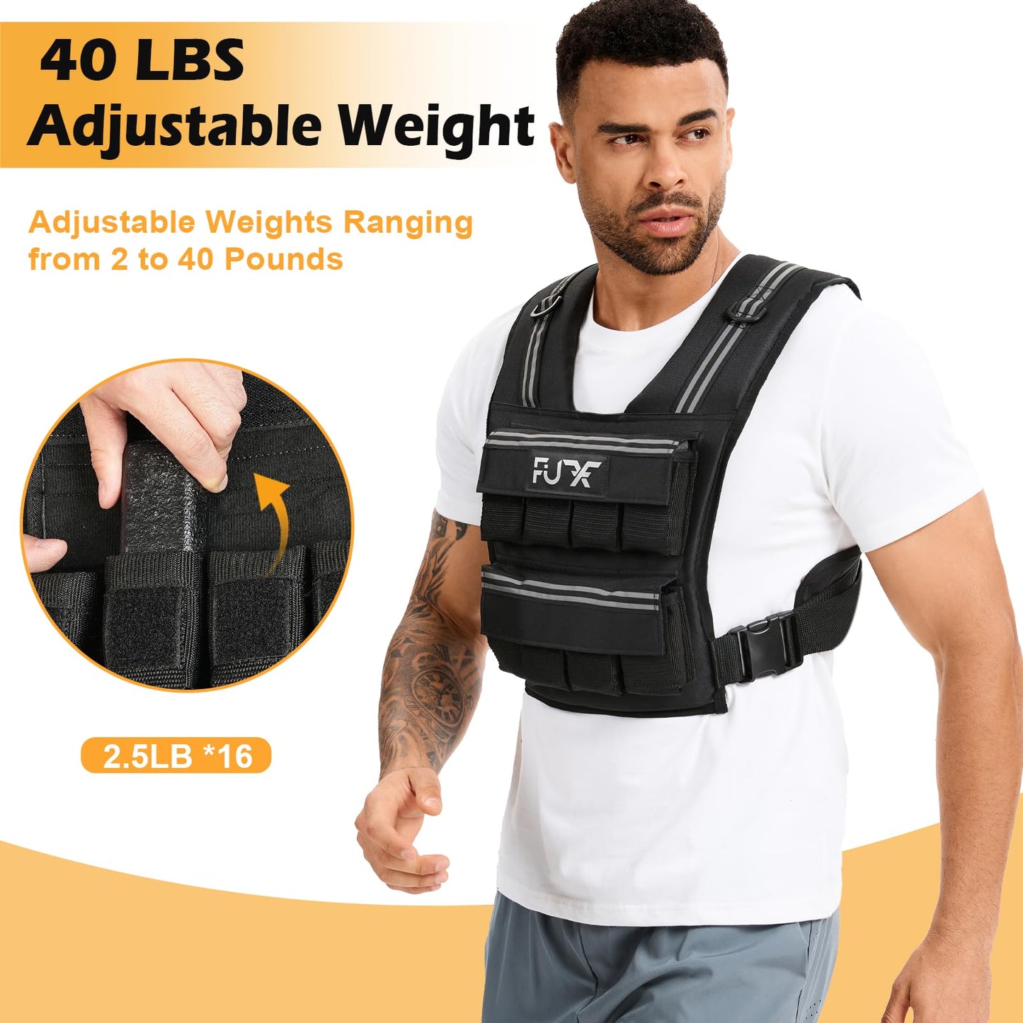 FUFF Adjustable Weighted Vest Men,40 LB Weight Vest for Strength Trainin, Workout Vest Woman with Removable Iron Weights for Walking, Rucking, Running, Exercise