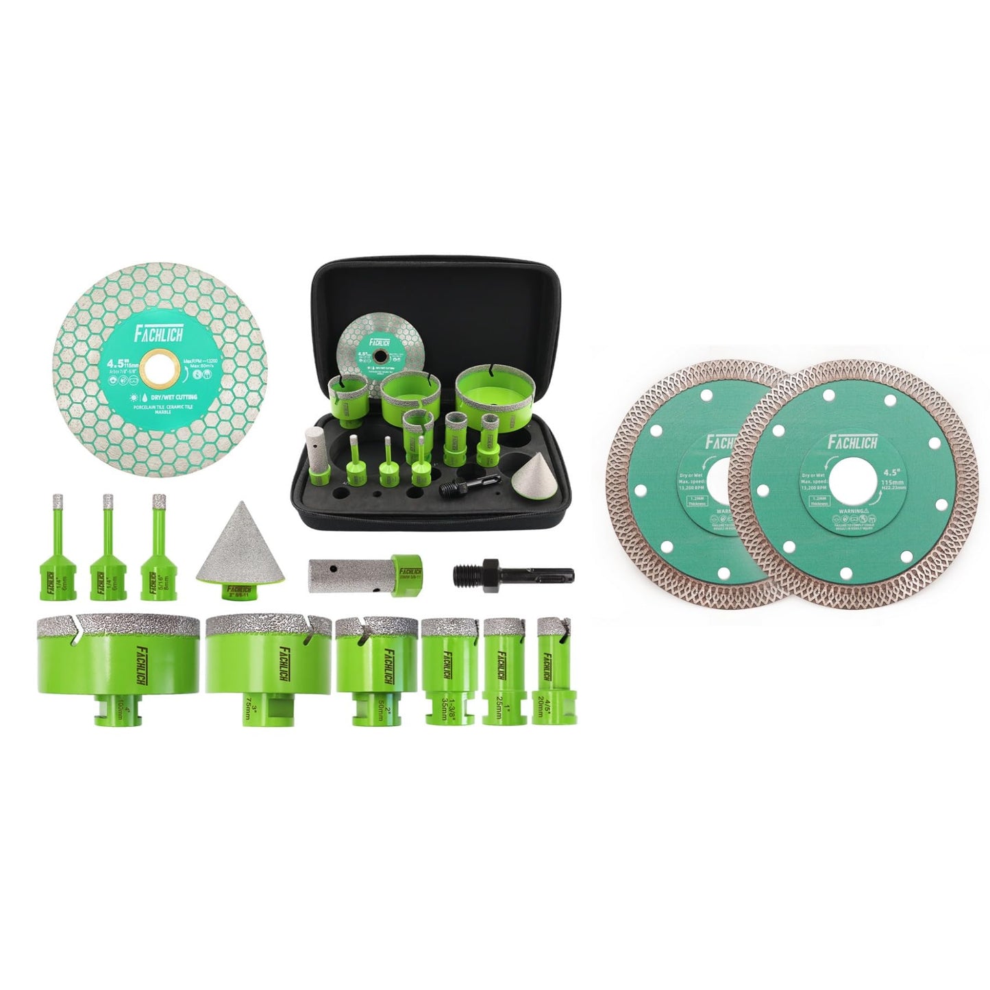 Tile Hole Saw Kit Diamond FACHLICH 4" Diamond Core Drill Bits Set and 4.5" Diamond Cutting Grinding Blade for Porcelain Ceramic Tile Marble Granite etc