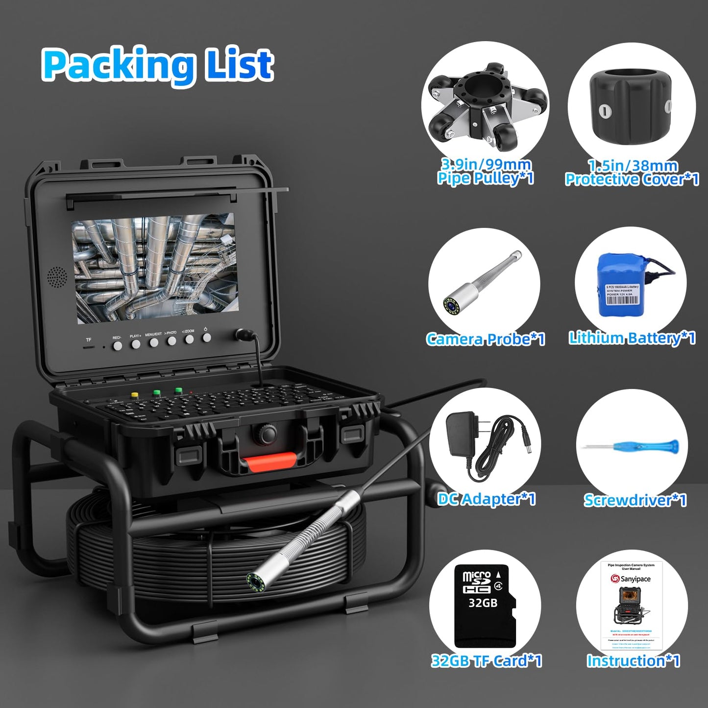 Sanyipace Sewer Camera with 512Hz Transmitter,10" Plumbing Camera with Distance Counter, IP68 Camera with 12 Adjustable LEDs,32GB DVR for Sewer Line,Home,Duct Drain Pipe Plumbing（100ft/30m,7mm Cable