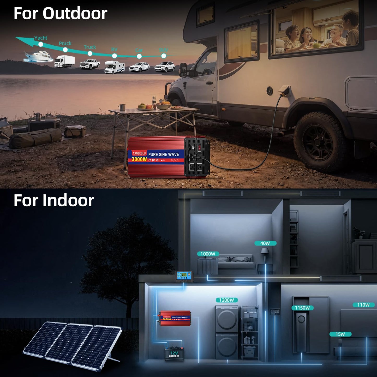 TAGEEBLU 3000W Pure Sine Wave Inverter - 6000W Surge Peak, 12V DC to 110V AC Heavy Duty Power Inverter for RV, Truck, Home, Solar, Off-Grid, Outdoor, Car Converter with 4 AC Outlets and LCD Display