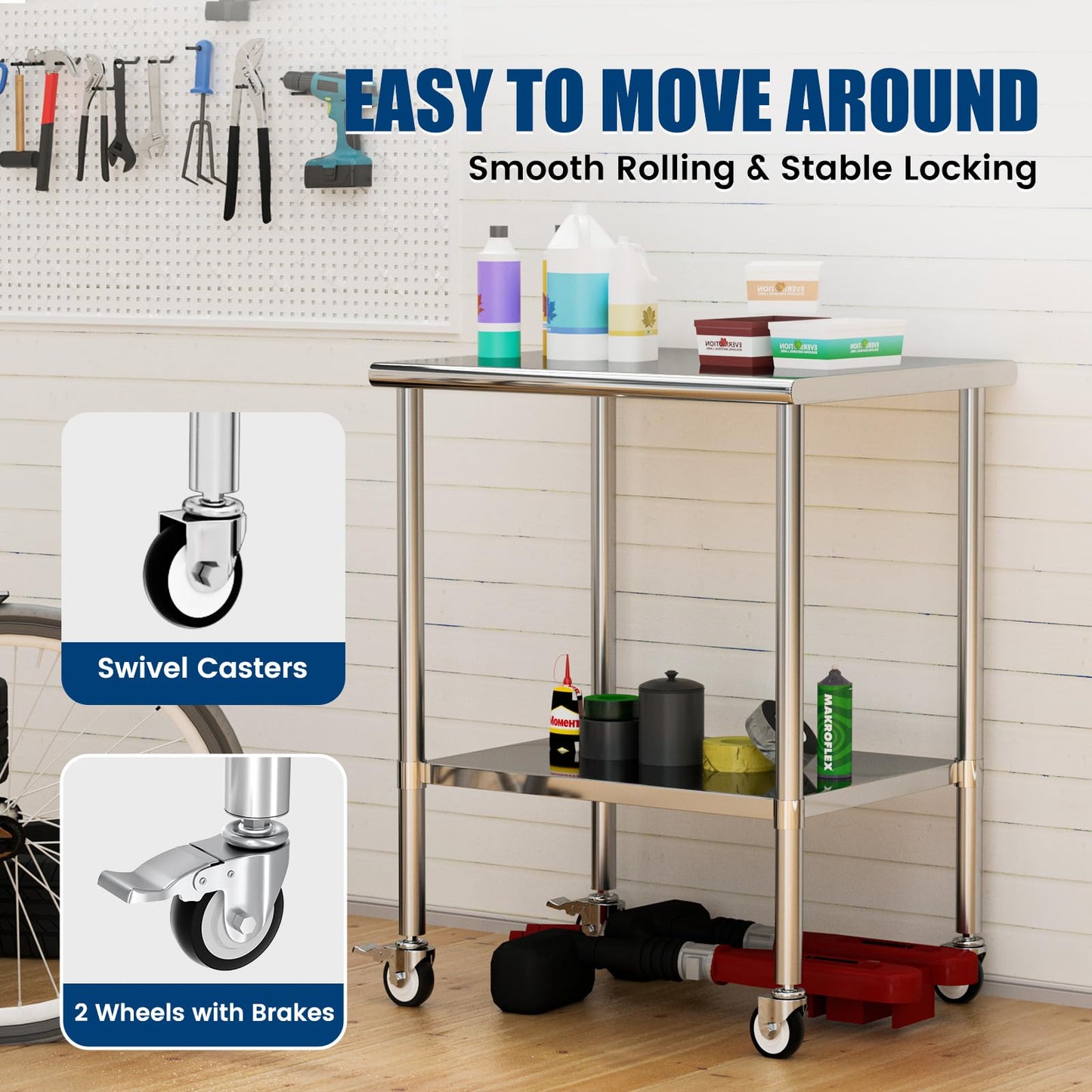 Chingoo Stainless Steel Work Table with Wheels, 24x30 Inch NSF Kitchen Prep Table with Adjustable Undershelf for Commercial Restaurant, Garage, Outdoor BBQ