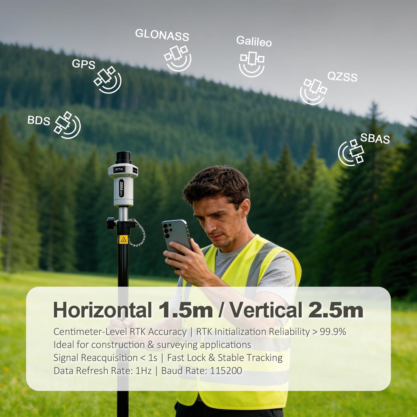 SMA25R Net GNSS RTK Survey Equipment, Android Handheld GPS Positioning Rover Receiver with Software, CORS Connection, 10cm Accuracy by PPP, 0-60° Tilt Compensation, for Land Surveying, Construction