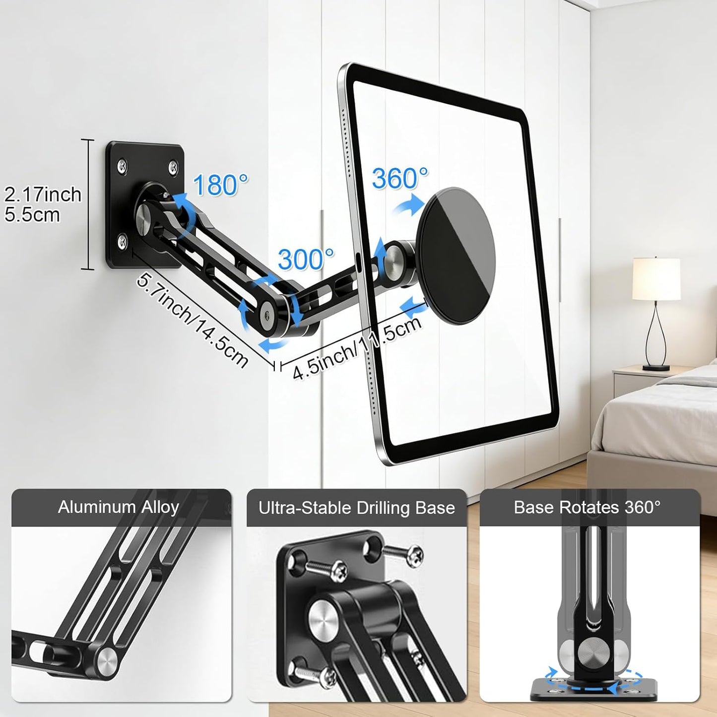 JUBOR 360 4.7-13" Magnetic Tablet Wall Mount, Rotating Alloy Steel Stand with MagSafe & Metal Ring, Foldable Arm