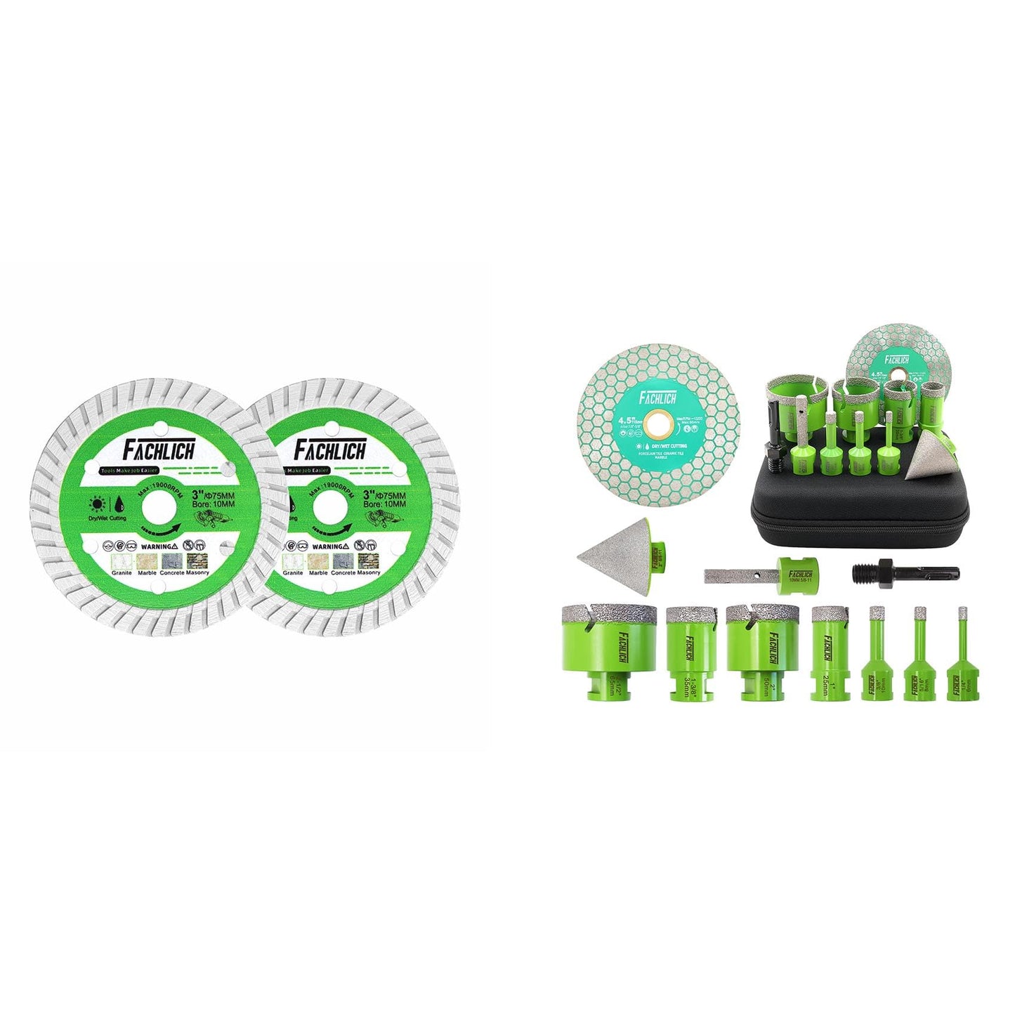 FACHLICH 3 inch Diamond Blade and Tile Hole Saw Kit Diamond - FACHLICH 11pcs 2-1/2" Diamond Core Drill Bits Set and 4.5" Diamond Cutting Grinding Blade