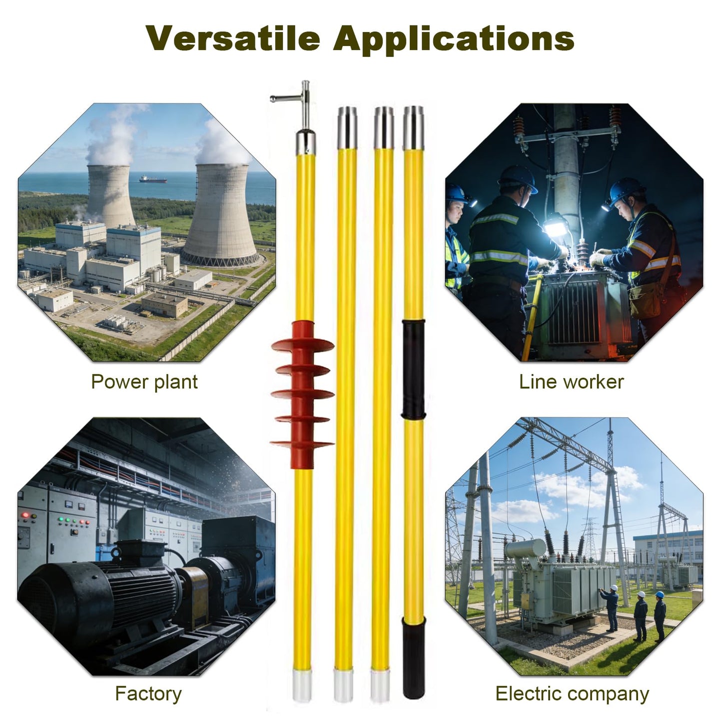 Spliceable Hot Stick, 110kV High Voltage Insulated Operating Pole, Heavy Duty Epoxy Resin Fiberglass Switch Stick with Spliceable Universal Head for Live-Line Work, 110KV 13.1ft 4-Section