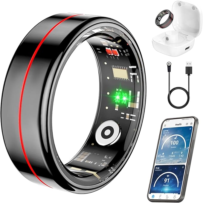 Fit Ring, Smart Health Rings for Women Men with Heart Rate,Blood Oxygen,HRV,Stress Level, Sleep Monitor, Step Tracker, No Subscription Fee, IP68 Waterproof Smart Ring for iphone &Android (Black, 13#)