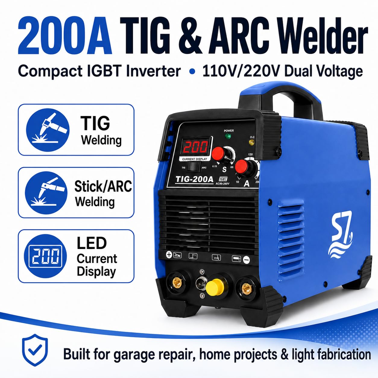 S7 200A HF Start TIG Welder, DC TIG and Stick Welder, 110V/220V Dual Voltage Portable Welding Machine for Garage Repair, DIY Projects, Stainless Steel and Mild Steel
