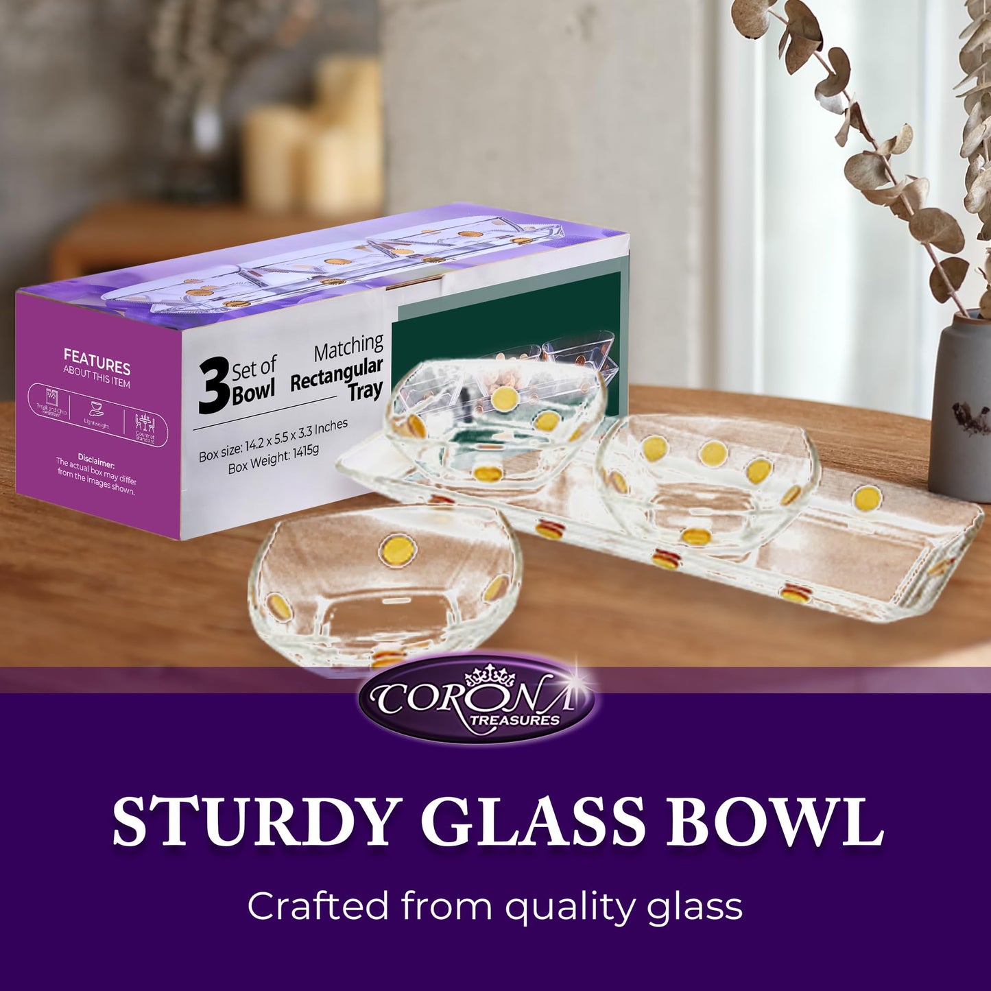 GAC Elegant Glass Square Bowls Set with Matching Rectangular Tray - 3-Piece Decorative Glass Centerpiece with Gold Dots, Square Serving Bowls for Condiments, Snacks, & Parties- Thoughtful present.