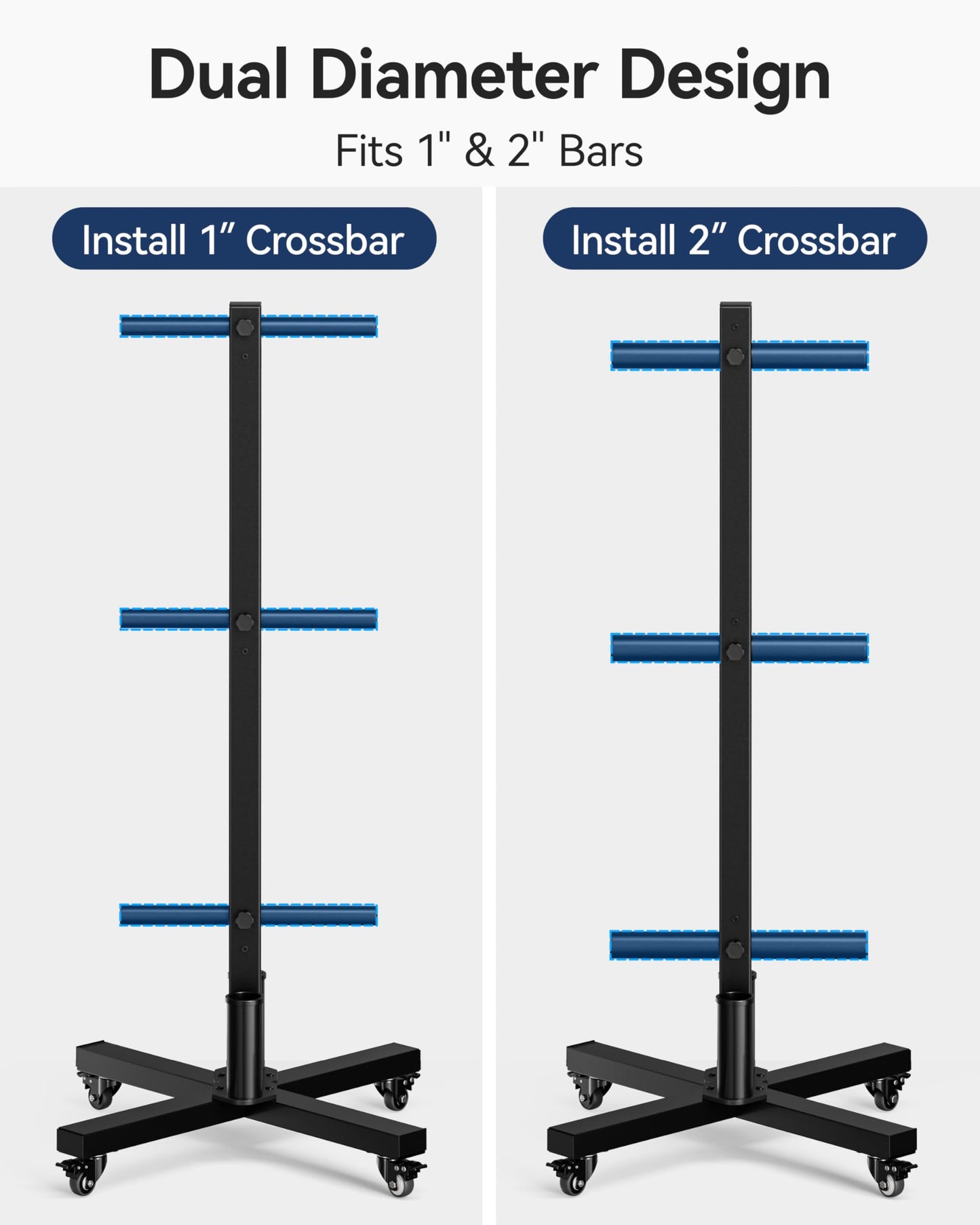 Movable Olympic Weight Plate Tree with 6 Metal Pegs, Fits 1" & 2" Weight Plates, Heavy Duty Storage Rack with Barbell Holders for Home & Garage Gym