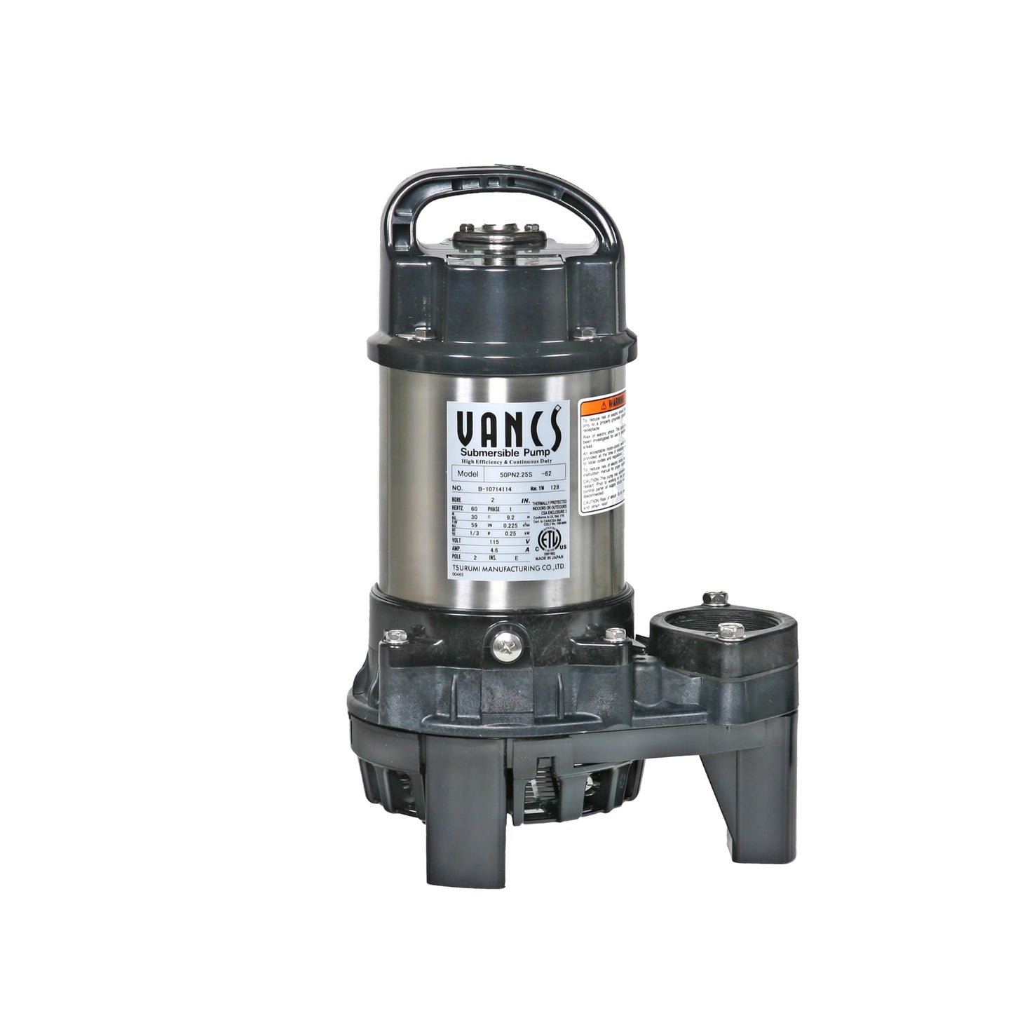 Tsurumi Pump 3-PN | Submersible Pond Pump/Waterfall Pump | 1/3 HP, 115V, 2 in Discharge | Ideal Water Feature Pump for Ponds, Fountains, Waterfalls | 59 GPM / 3540 GPH