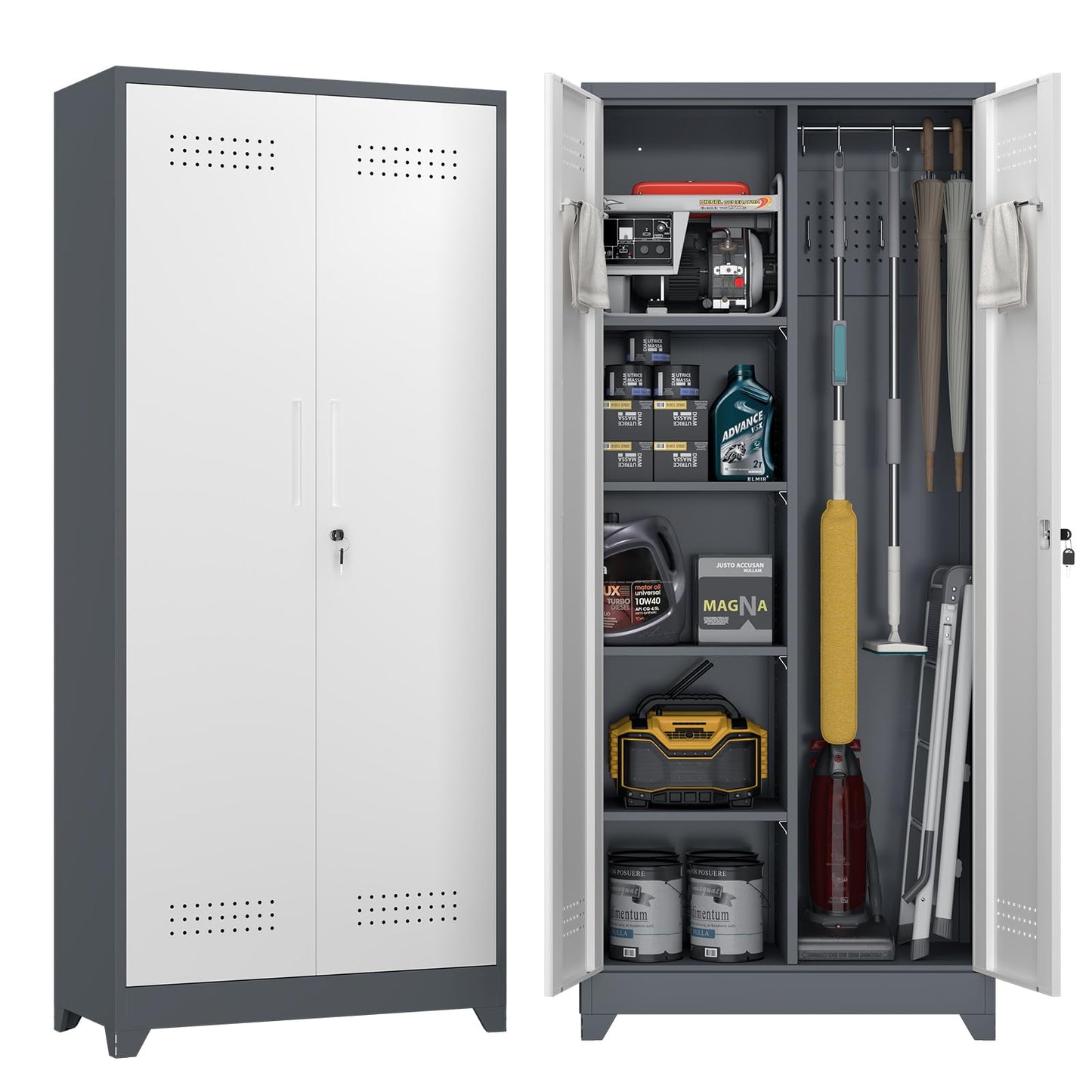 FATIGOS 72.8" H Metal Garage Storage Cabinets with Doors and Shelves, Broom Closet Storage Cabinet, Tool Cabinets with Hanging Rod, Cleaning Storage Cabinets for Garage,Bedroom Office Grey&White