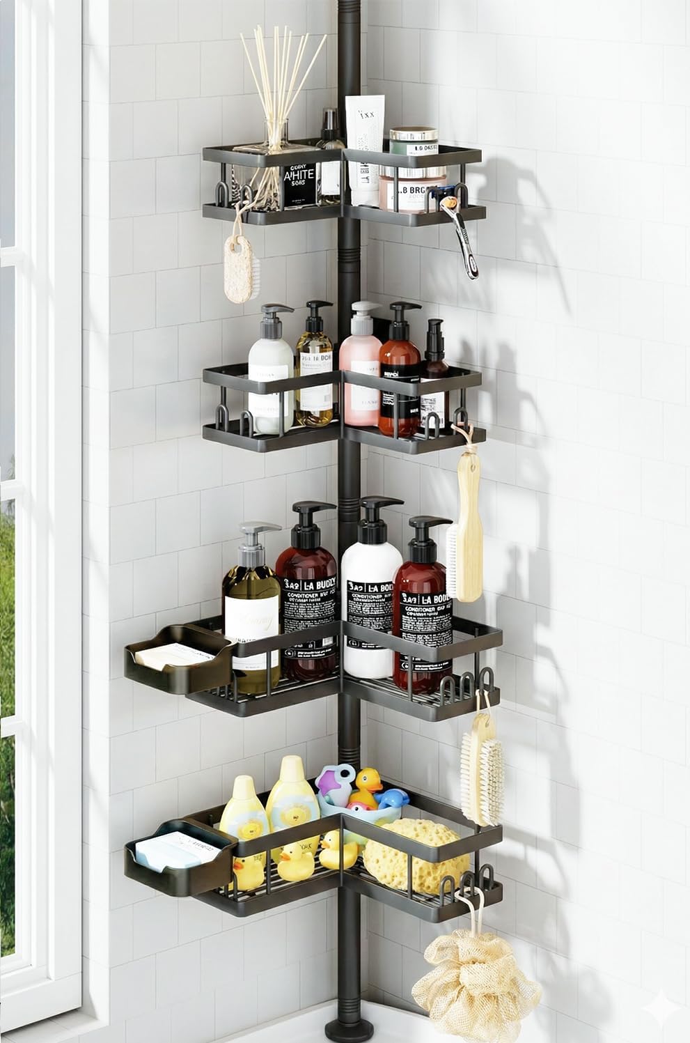 YASONIC Corner Shower Caddy - Adjustable Tension Pole Shelves, Rust-Resistant, No-Drill Installation | Black, 25.7-109.1in