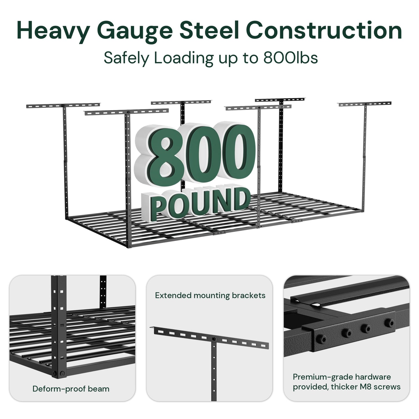 SunsGrove 4x8 Overhead Garage Storage Rack Organization, Adjustable Ceiling Mounted Storage Racks, 800LBS Weight Capacity, 22"-40" Ceiling Dropdown, Hammertone Black