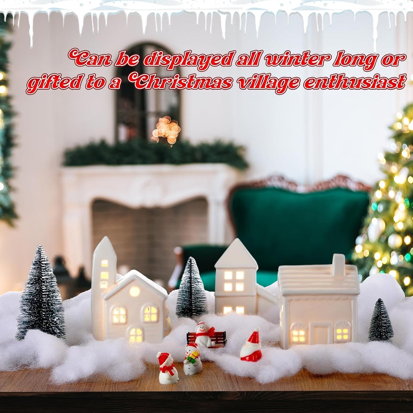 Soaoo Ceramic Christmas Village Set - 29 Pcs with LED Houses, Trees, Snowmen & Fake Snow | White Porcelain Decor